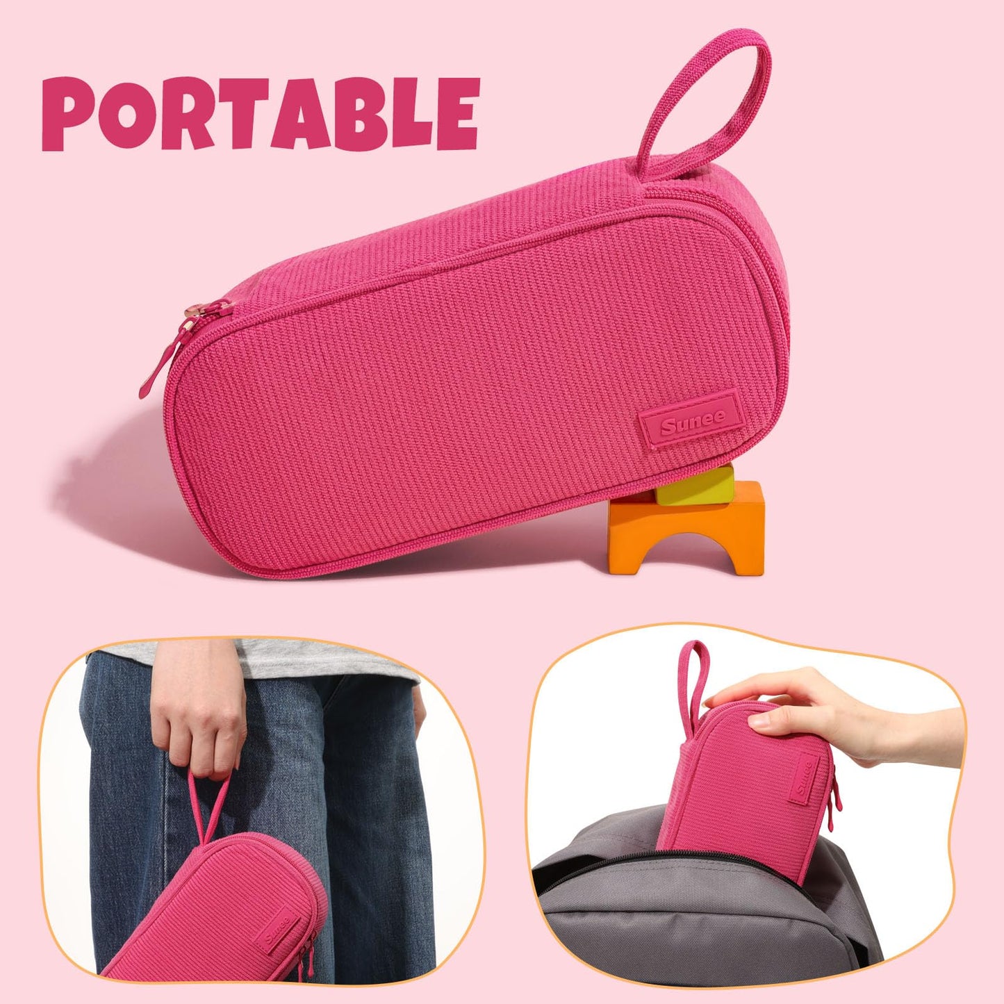 SUNEE Cute Pencil Case, Large Capacity Pencil Pouch, Soft Corduroy Pencil Bag, Big Storage Pen Organizer for Stationery, Aesthetic Pencil Box, Back to School Supplies for Teen Girls Boys, Berry Pink