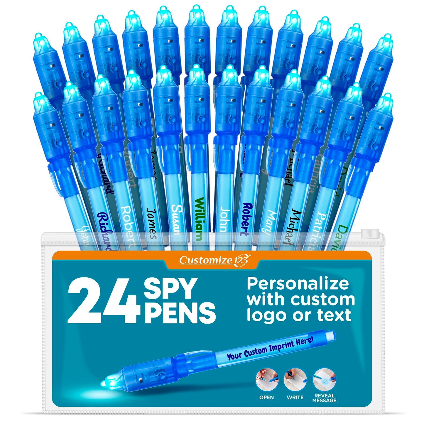 Personalized Invisible Disappearing Ink Pen Marker, Custom Secret Spy Message Writer with UV Light, Fun Activity Entertainment for Kid Party Favors Ideas Gifts and Stock Stuffers, 24 Pack, Blue