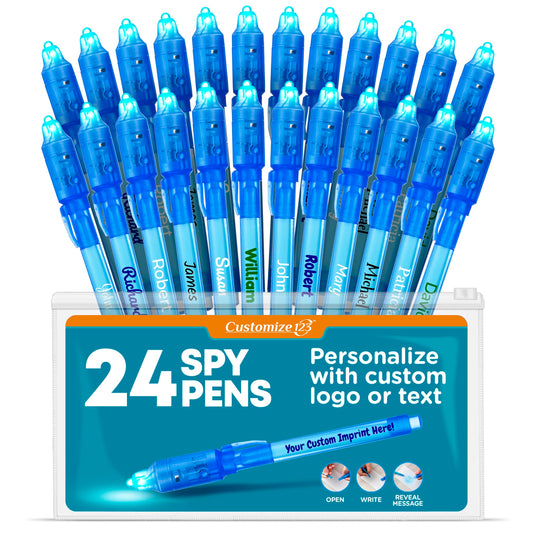 Personalized Invisible Disappearing Ink Pen Marker, Custom Secret Spy Message Writer with UV Light, Fun Activity Entertainment for Kid Party Favors Ideas Gifts and Stock Stuffers, 24 Pack, Blue