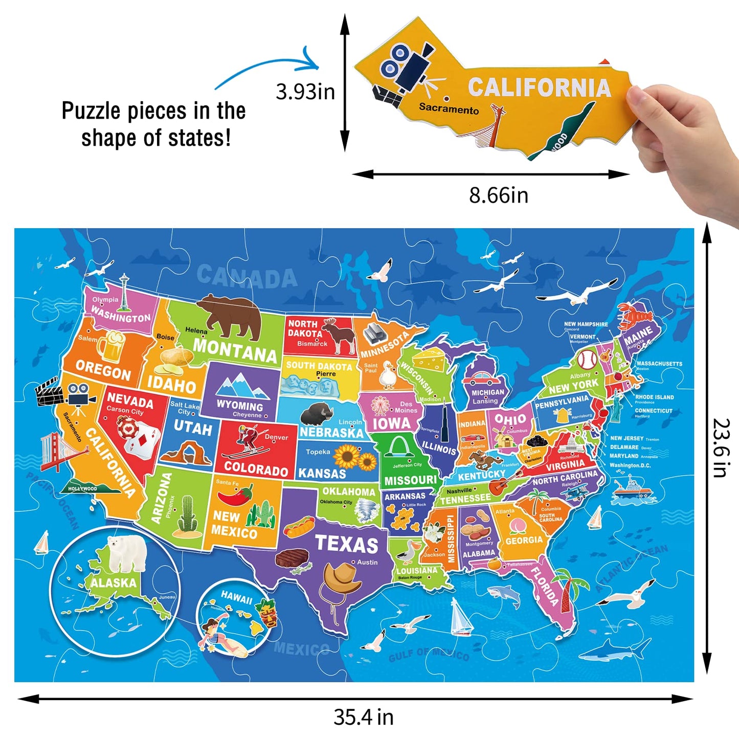 Jumbo Floor Puzzle for Kids,USA Map Puzzle Jigsaw Geography Puzzles,70 Piece US Map 50 States with Capitals,United States Puzzle for Ages 3-5,Preschool Learning Toys Gift for 4-8 Years Old