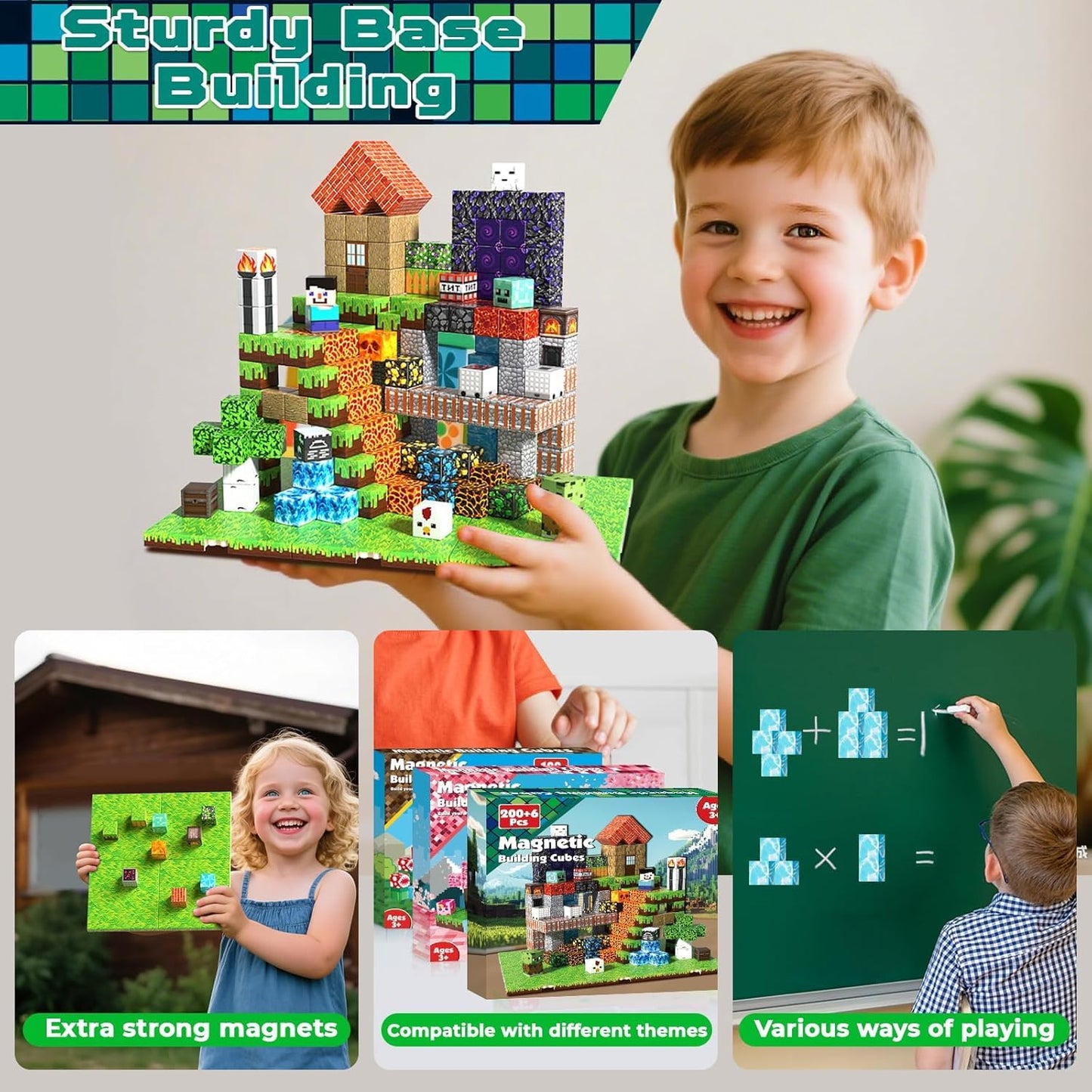 200PCS Magnetic Blocks - Magnetic Blocks with 6 Base Plate, Magnetic Building Blocks for Kids Ages 4 5 6 7 8, Stacking Magnets, Birthday Gifts for 3-8 Year Old Boy Girls