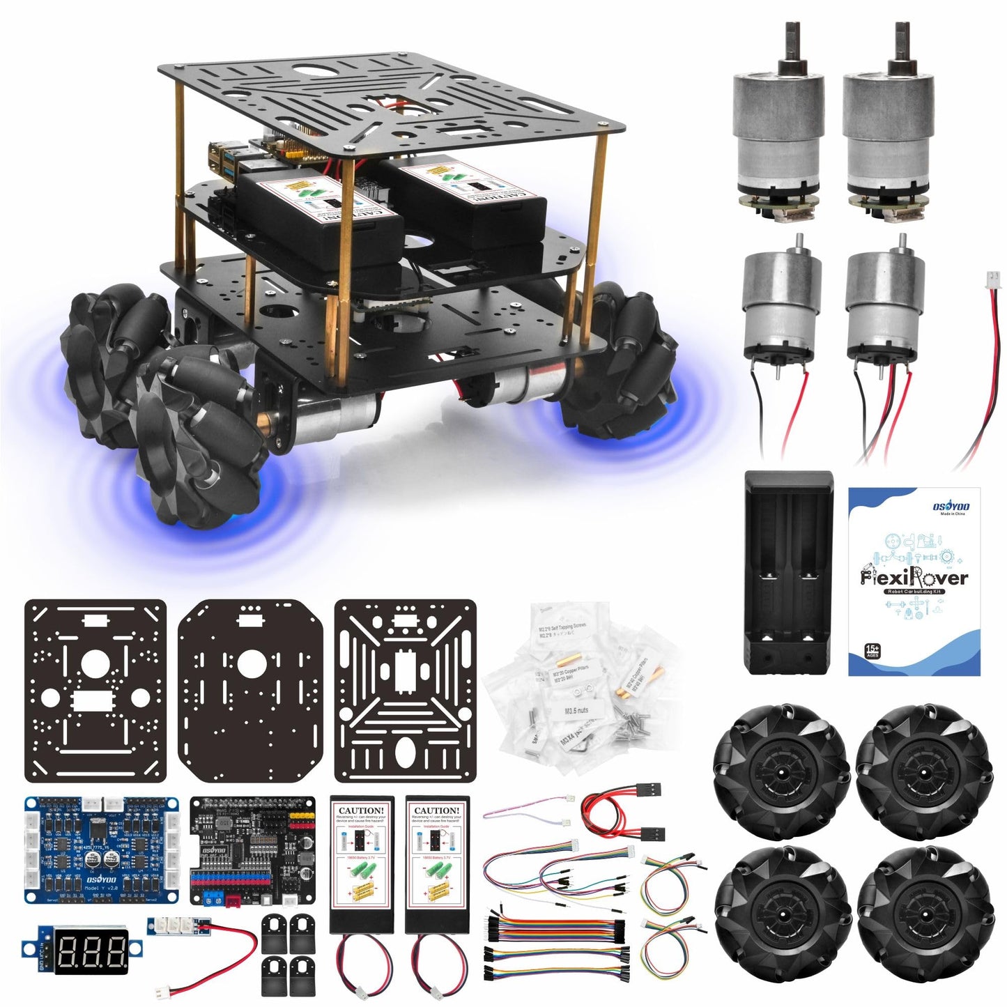 OSOYOO FlexiRover Robot Car Kit for Raspberry Pi – Compatible with Pi 2/3/4/5, 520 Motors with Encoders, Mecanum Wheels, Servo Support, and High-Capacity Battery System (No Raspberry Pi Included)