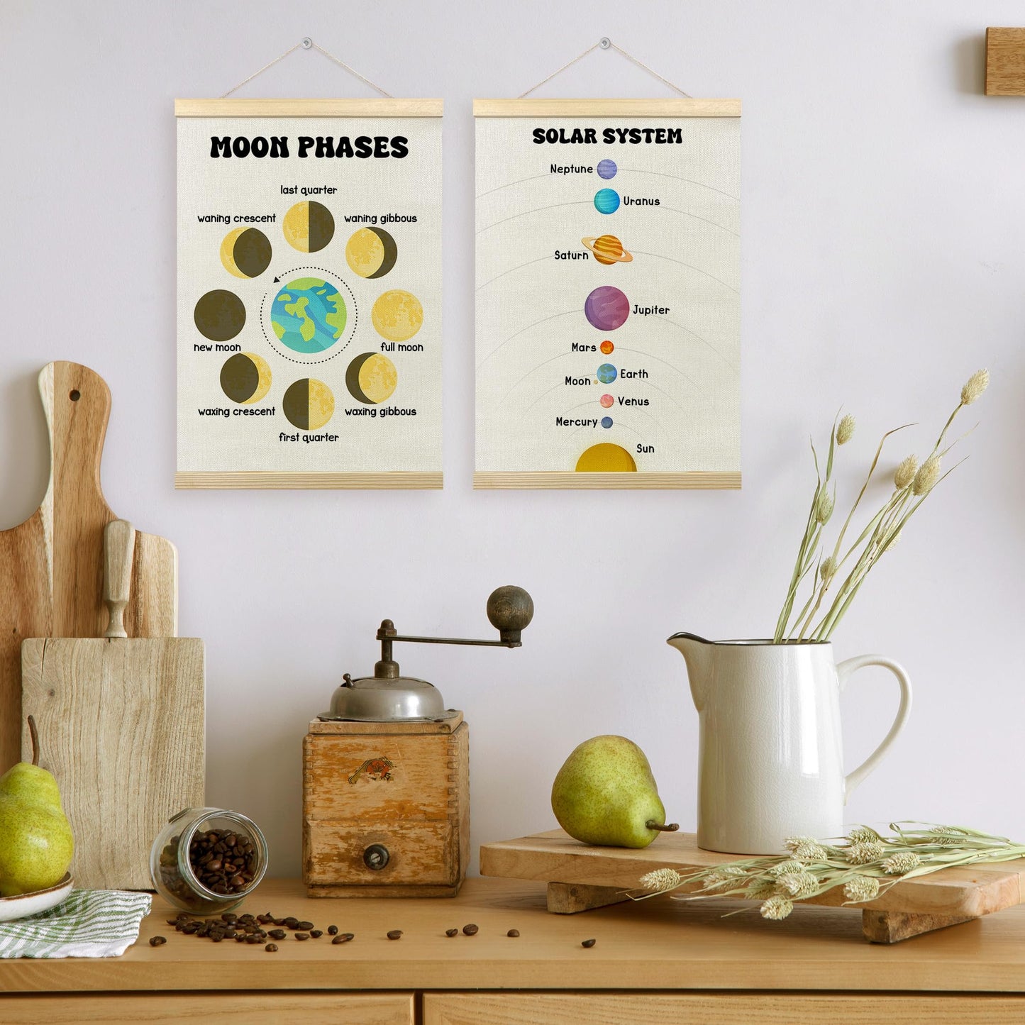 TLESKE Classroom Moon Phases Solar System Space Poster Hanger Frame Set of 2, Homeschool Hanging Wall Art Room Decor for Toddlers Kid Nursery Playroom, Preschool Prek Learning Educational Print, 12x16