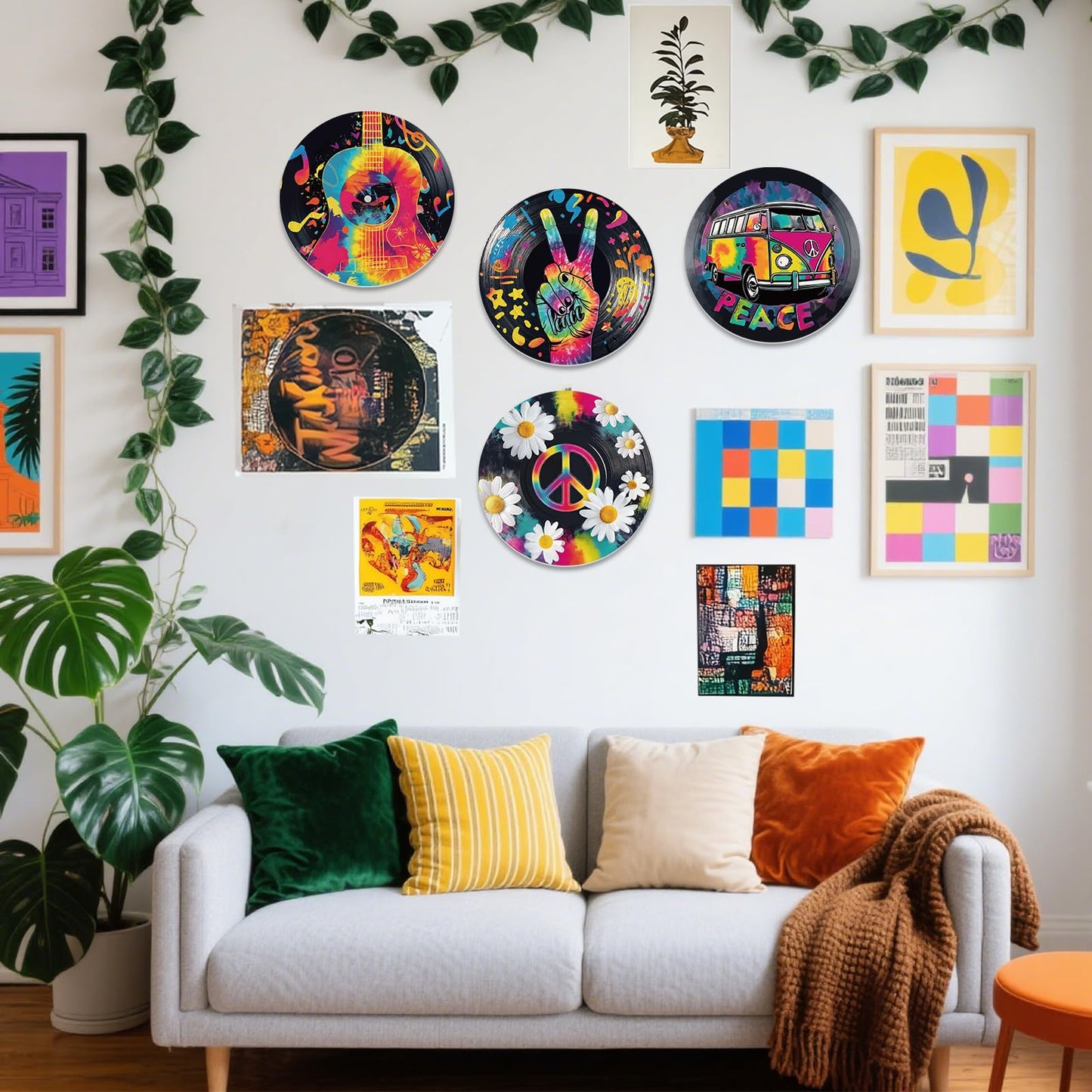 DOODLREAM 4PCS Graffiti Guitar Daisy Vinyl Record Wall Decor 12" Hippy Peace Sign Bus Wall Art Posters for Room Aesthetic, Retro Record Decorations for Music Party Studio Living Room DIY Craft Project