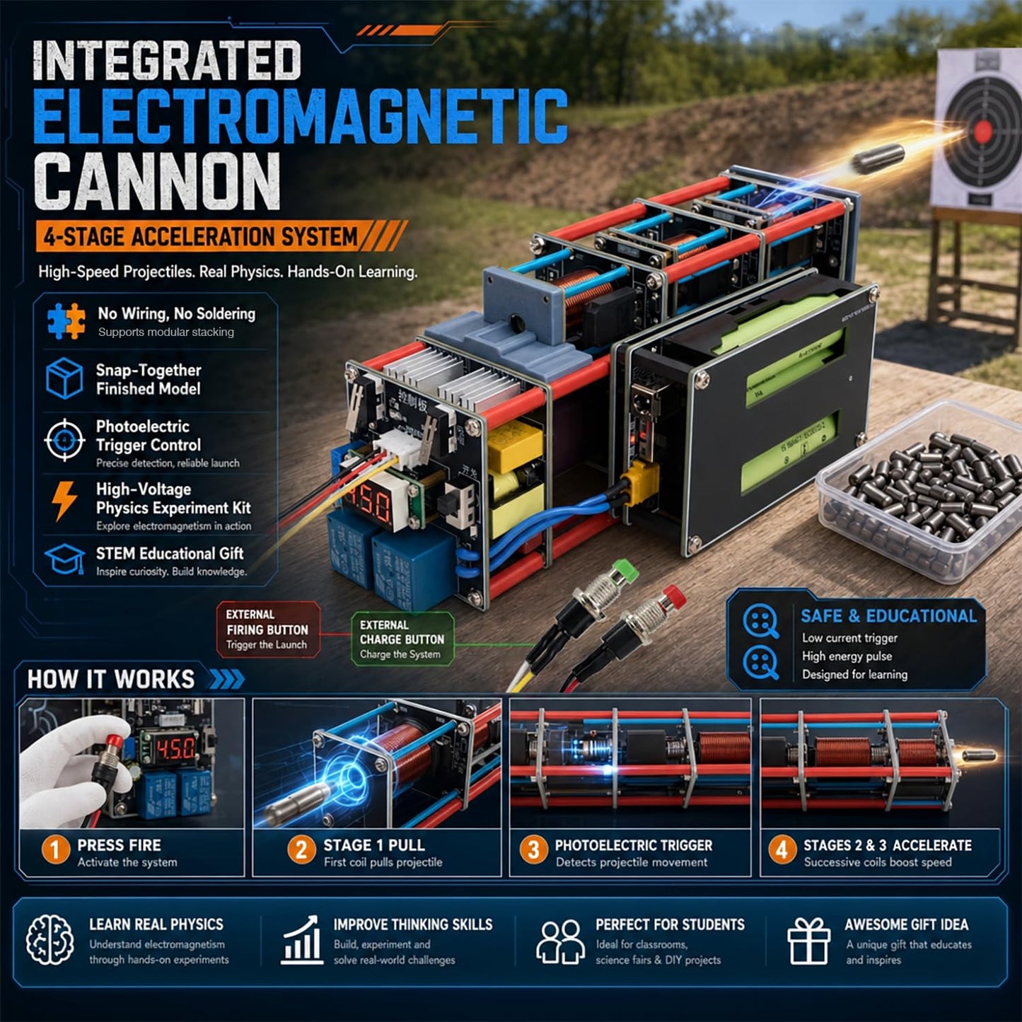 Electromagnetic Accelerator Gun Cannon High Voltage, DIY Integration Multi-Level Coil Kit, for Science Physics Teaching Experiment Tool College Education Model, High-Tech Toys,Integrated Boost Circuit