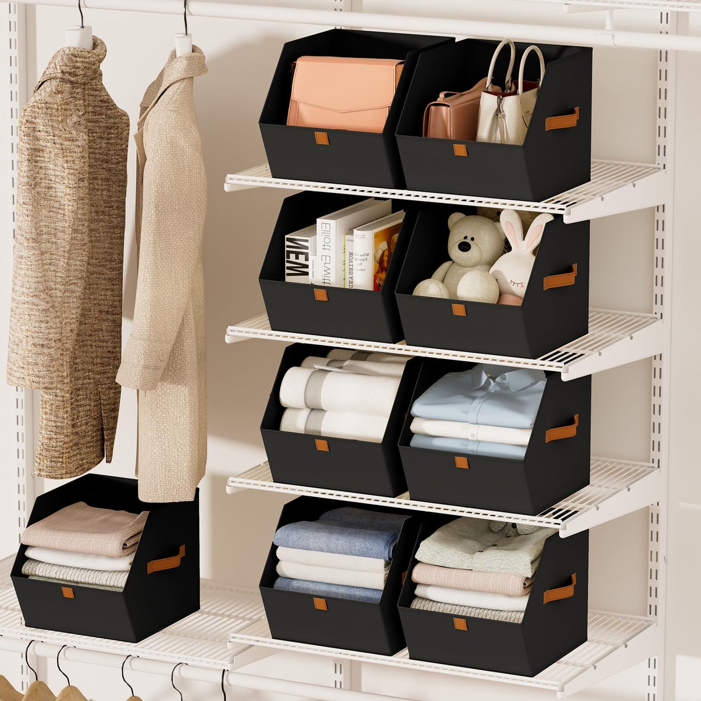 Homsorout Fabric Closet Storage Cubes - 8 Pack Square Storage Bins with Dual Handles for Clothes, Towels, Toys, Cube Storage Organizers for Bedroom, Nursery, Shelves, Closet, Small Spaces, Black