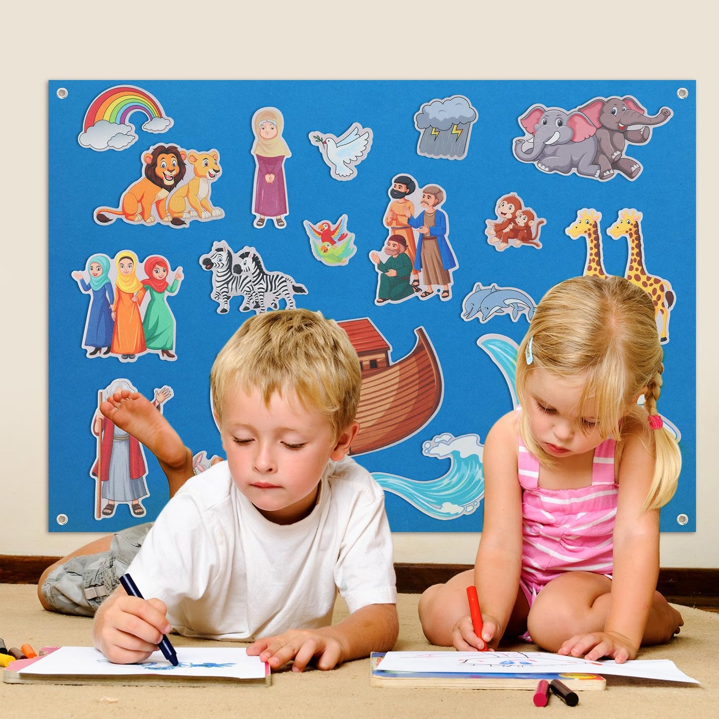 HunnmingRe Noah's Ark Felt Board Bible Stories Set Flannel Felt Board for Girls Boys Noah's Ark Craft Toy Pieces Bible Puzzles for Baptism School Class Home Activities