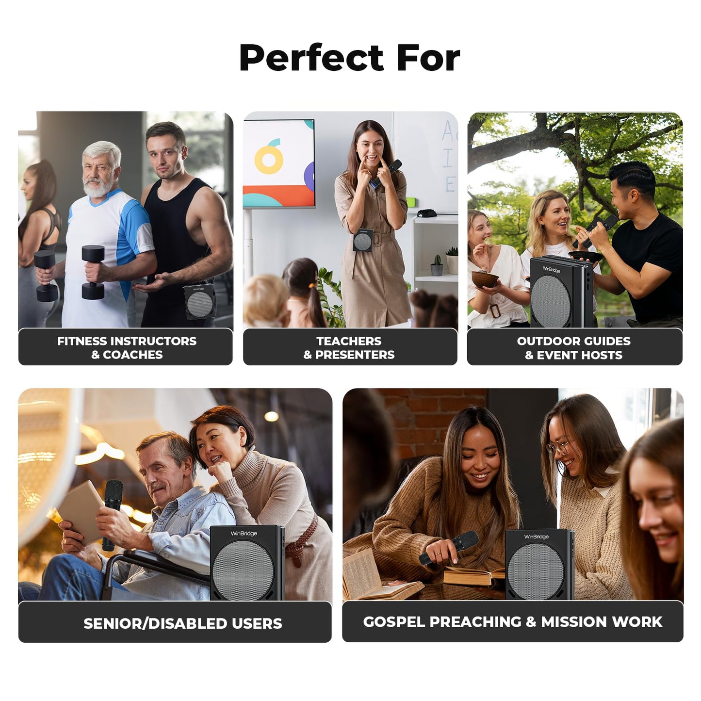 WinBridge Voice Amplifier for Teachers, Portable PA System for Public Speaking, Bluetooth Speaker with 2 Microphones for Classroom, Karaoke, Event Hosts, 30W DSP, BT/USB/TF/AUX - Black, S90
