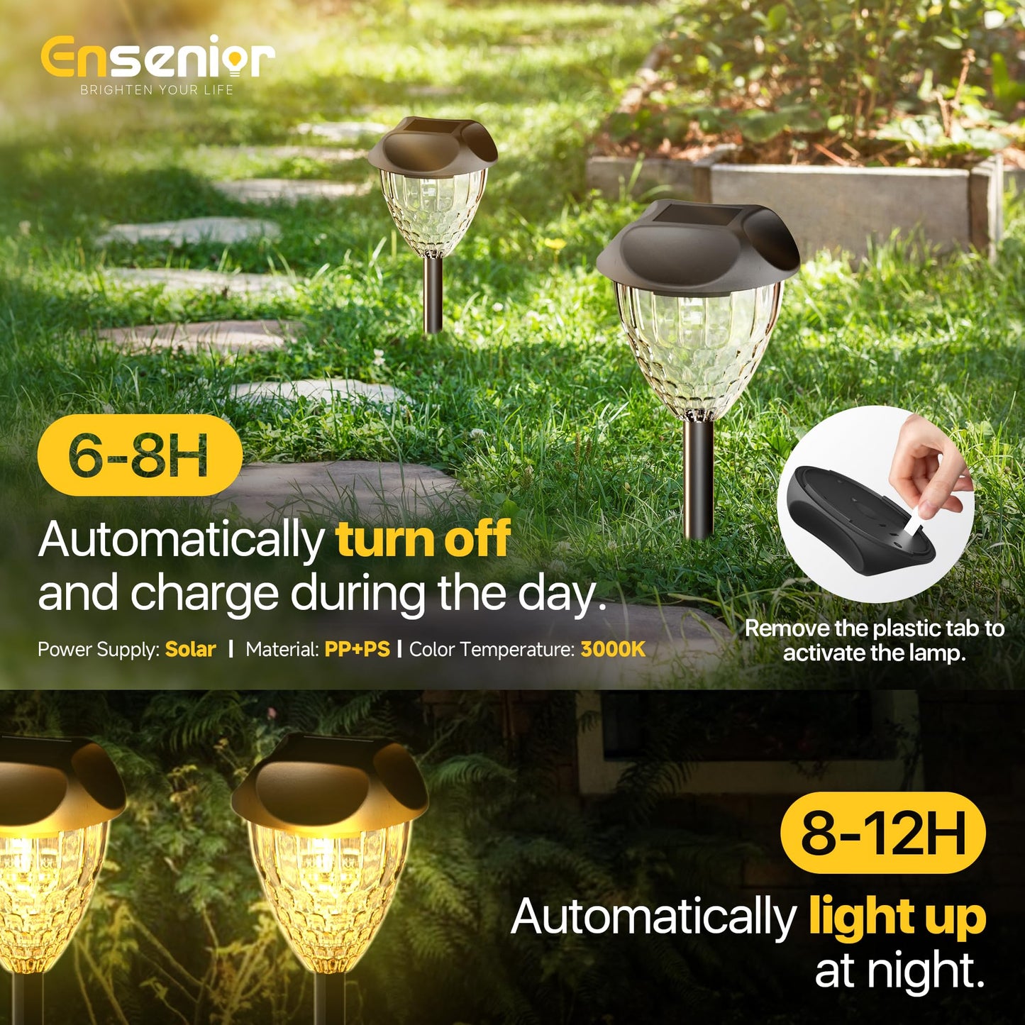 Ensenior 12-Pack Solar Garden Lights, Warm White LED, Auto ON/OFF, Waterproof, Plastic, Model CP3-10CM-30K-12-BL-ZY-M02