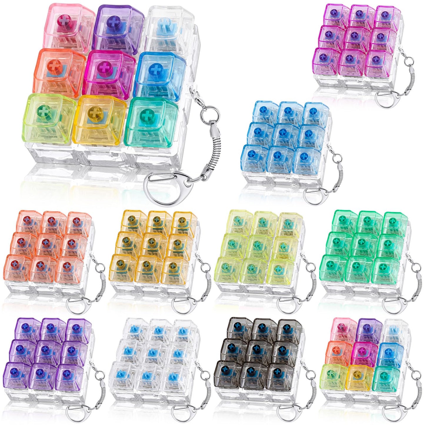 Halloscume 10 Pcs Keyboard Adult Fidget Clicker 9-in-1keyboard Fidget Keychain Cube Mechanical Key Button Clicker Stress Relief Gift for Office Home to Pass The Time (Transparent Color)