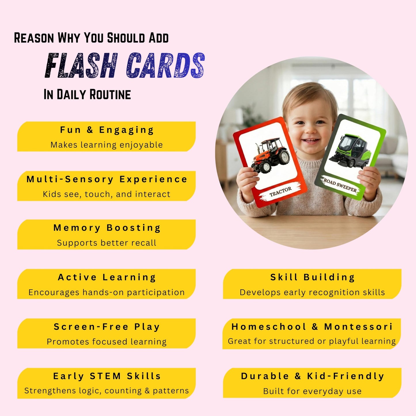 The Biblio Hub Vehicles Flashcards – Non-Tearable Synthetic Learning Cards for Toddlers, Preschool & Kindergarten, Double-Sided Set