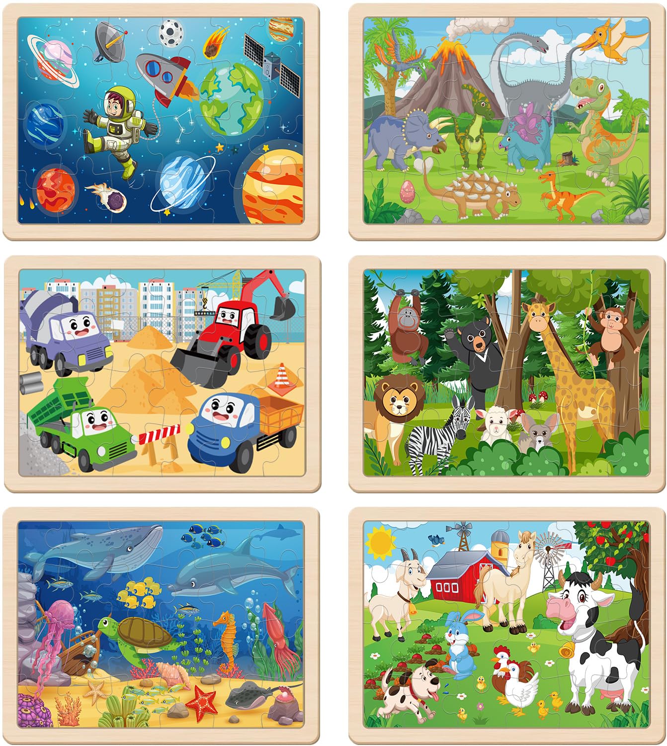 Wooden Puzzles for Kids Ages 3-5, 6 Packs 24 PCs Jigsaw Puzzles Preschool Educational Brain Teaser Boards Toys Gifts for Children, Wood Puzzles for 3 4 5 6 Year Old Boys Girls