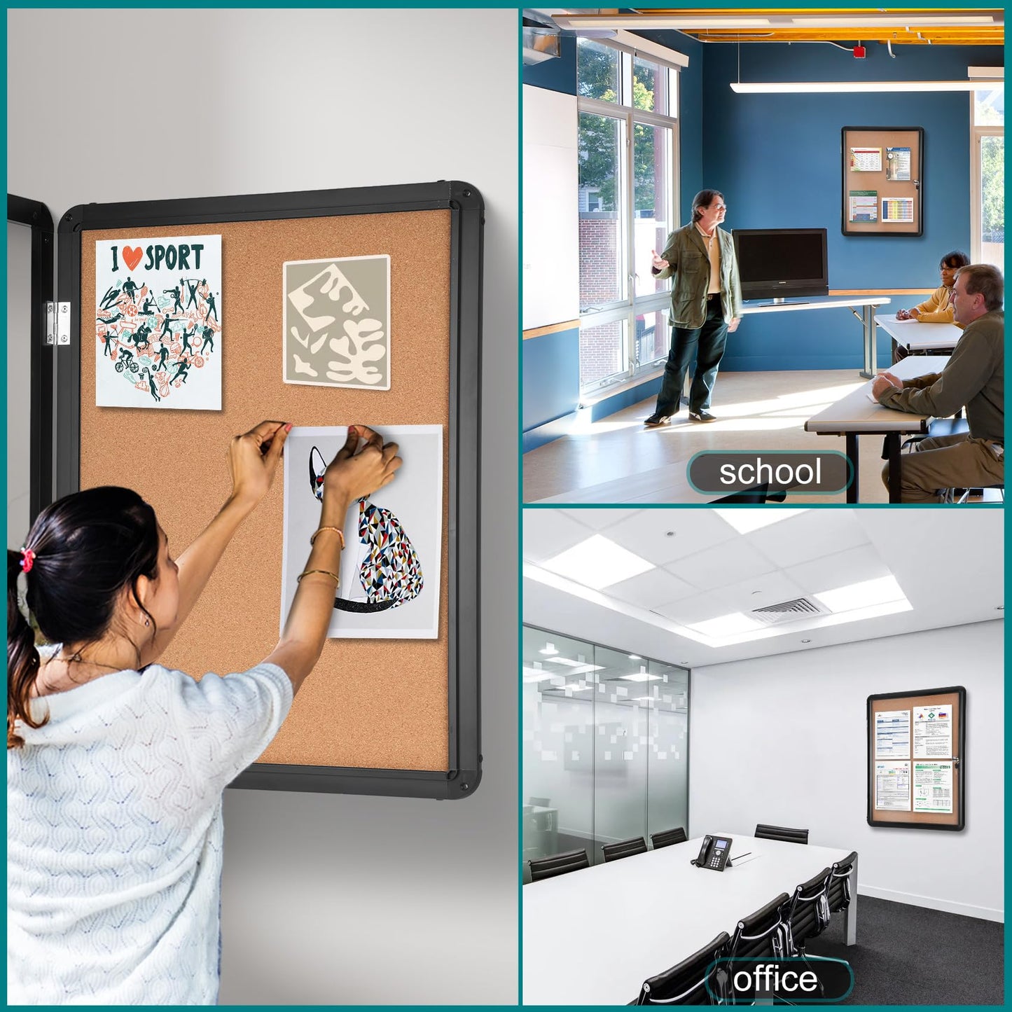 Magula 36"x24" Enclosed Bulletin Board Tamper-Proof Dispaly Case, Black Aluminium Frame, Shatter Resistant Lockable Bulletin Board, Enclosed Cork Board for School, Office,Commercial,Hospital etc