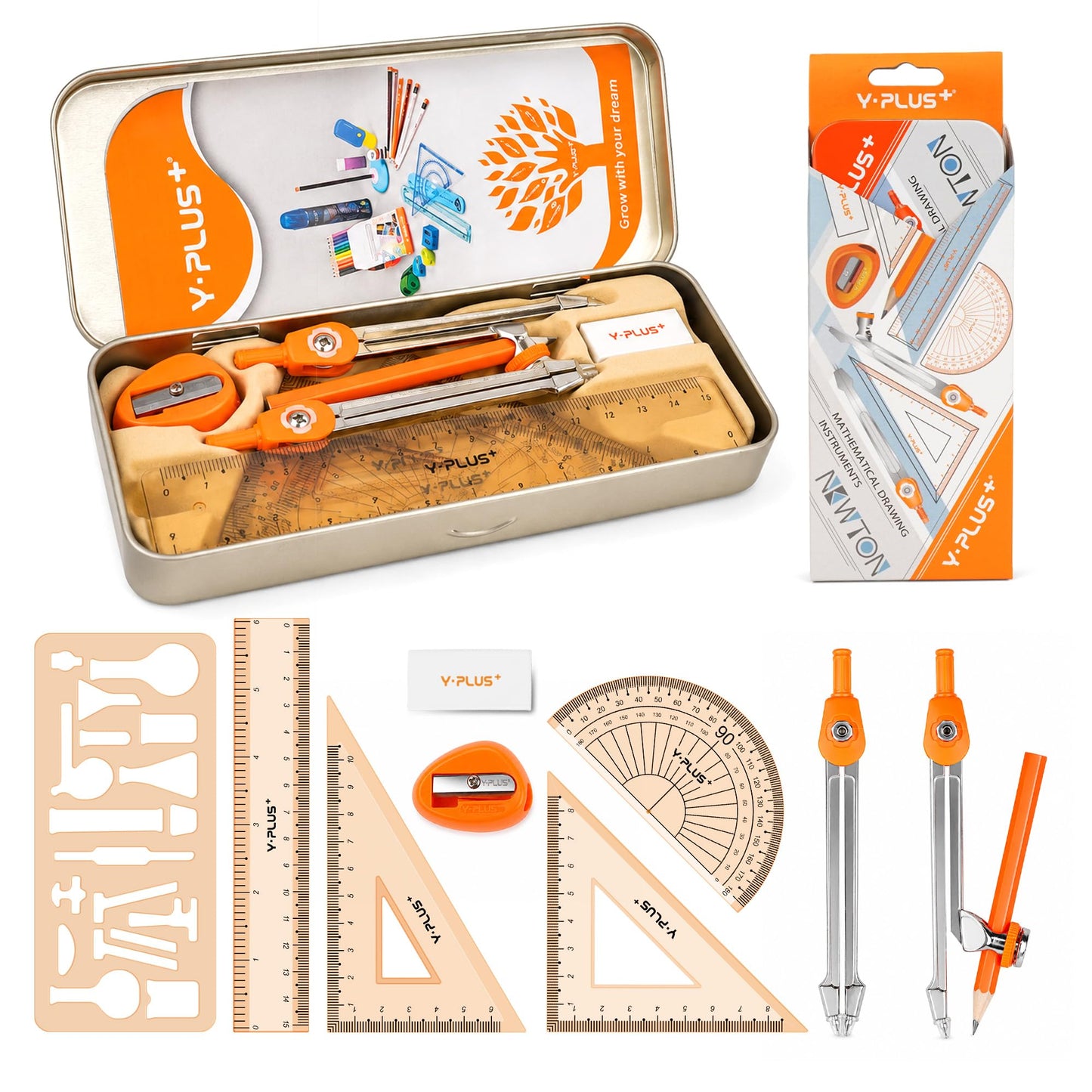 YPLUS Geometry Set for Students, Math Compass and Protractor Kit, School Supplies with Metal Tools, Formula Card and Storage Case, 11 Pcs Basic Geometry Set