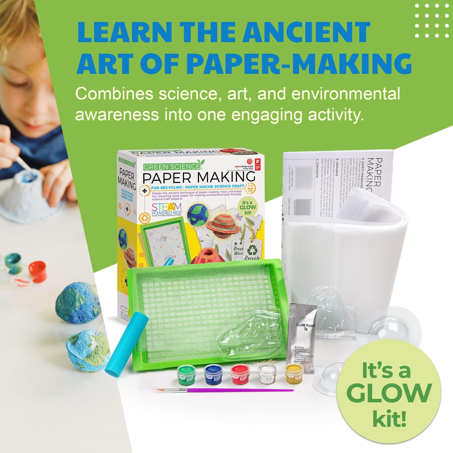 4M Green Science - Paper Making Kit - Recycle and Create Your Own - Paper Making Screen - Green DIY Craft Stem Toys Kit for Kids - Includes Molds, Paints, and Glow-in-the-Dark Features