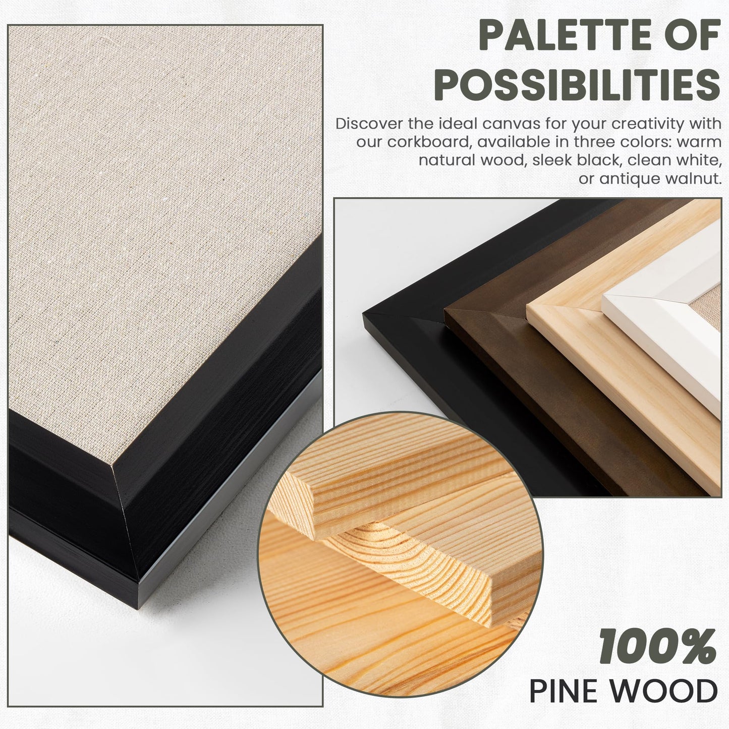 Bulletin Board Cork Board with Linen, 100% Wood Framed 18" x 24" Bulletin Board Decorations, Pin Boards for Walls, Wall Mounted Fabric Picture Board with 10 Pushpins for School, Home & Office, Black