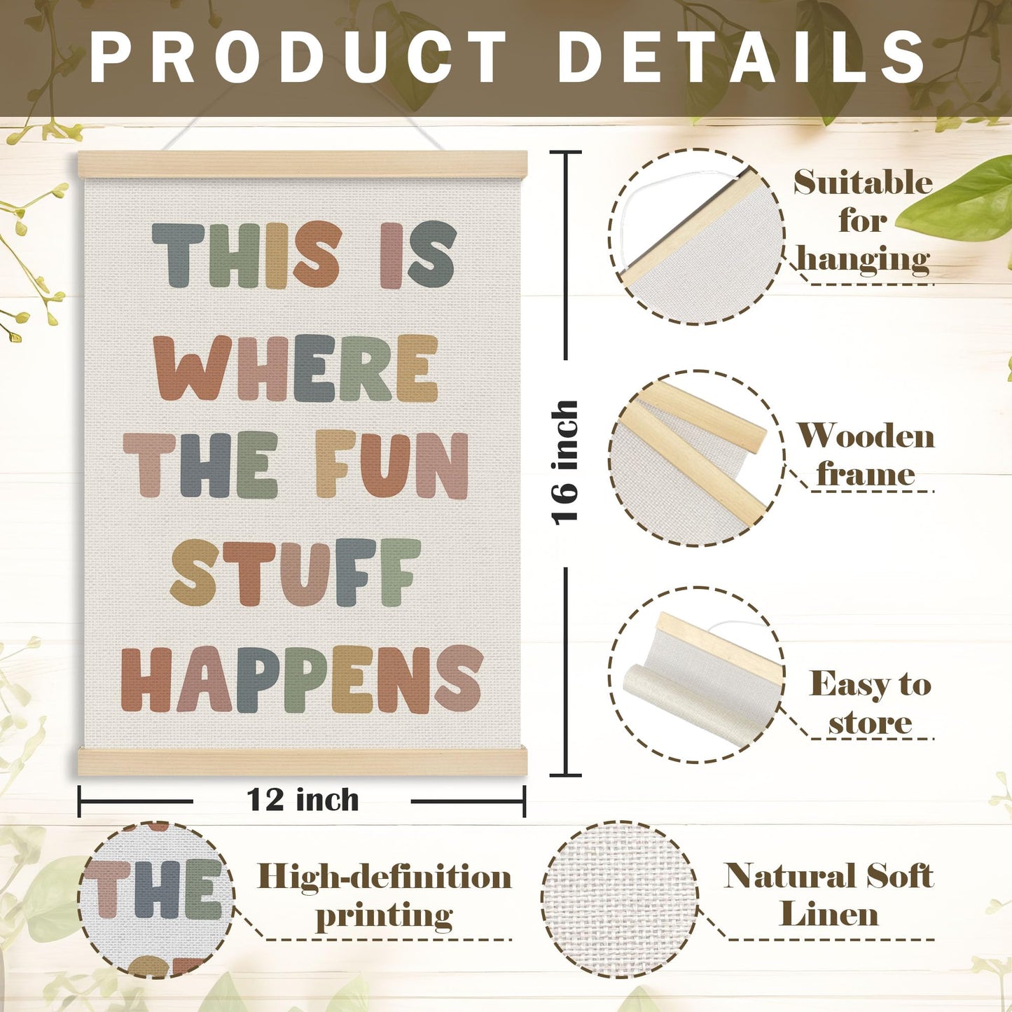 MOTERMATE Boho Inspirational Poster Hanger Frame, Affirmations Wall Hanging Decor Art Framed for Classroom Kids Room Bedroom, This Is Where The Fun Stuff Happens Wall Poster Prints, 12x16 Inch