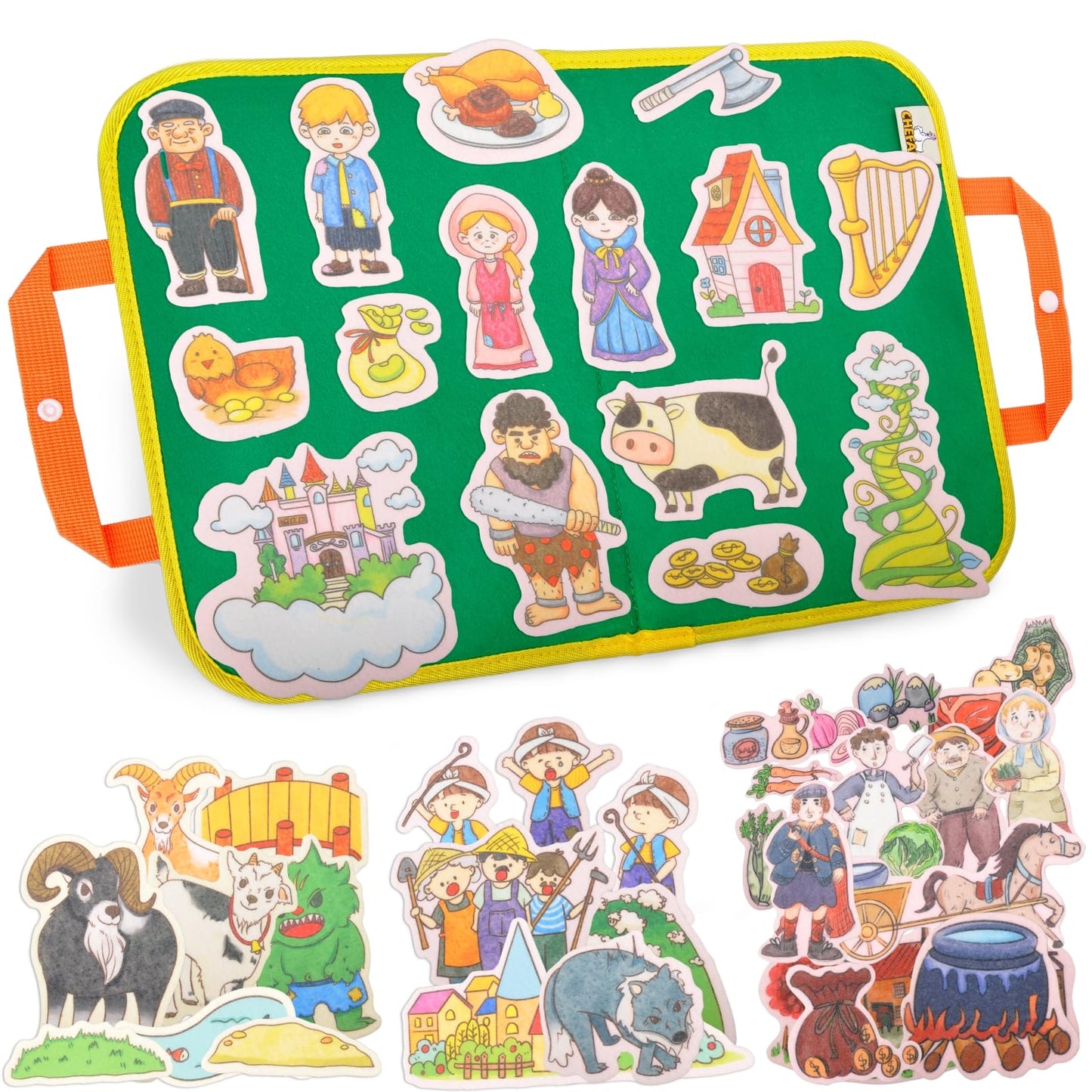 CHEFAN Felt/Flannel Board Story Set of 4, PRECUT Felt Pieces for Preschool Toddlers, Stone Soup, The Three Billy Goats Gruff, Jack and Beanstalk, The Boy Who Cried Wolf