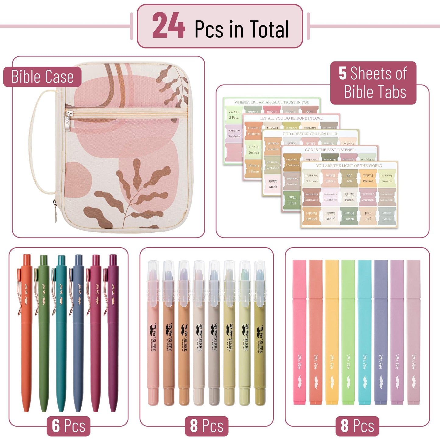 Mr. Pen- Bible Cover Case for Women, Large Bag with Durable Handle, 24-pcs Bible Journaling Kit & Study Supplies with No Bleed Highlighters and Pens, Christian Gift for Women