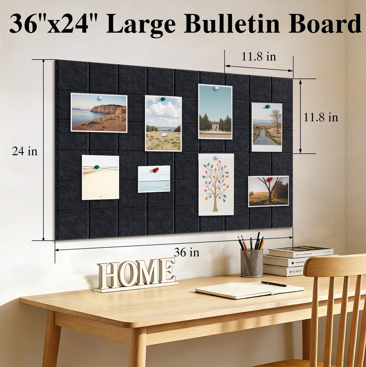 36" x 24" Large Black Cork Board Alternative - 6 Pack Felt Bulletin Board with 30 Push Pins, Felt Wall Tiles Pin Board for Walls Office Home School Decor, Aesthetic Cork Squares, Black