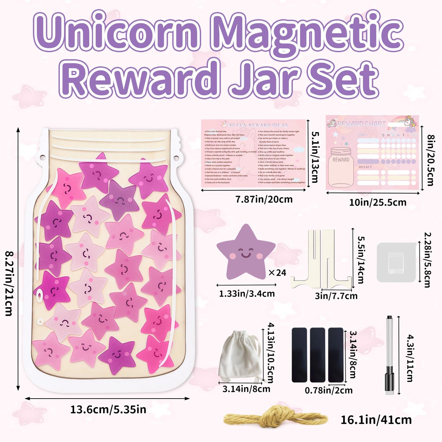 Yoink Unicorn Magnetic Reward Jar Set, Star Jar Reward System for Kids with 24 Colourful Star Tokens and Magnetic Dry Erase Chore Chart, Home and Classroom Management Tool for Good Behavior