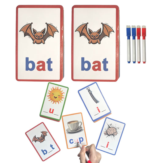 CVC Learning Flash Cards 2 Set- Educational Spelling and Reading Game for Preschool and Kindergarten, Includes Colorful Erasable Pens