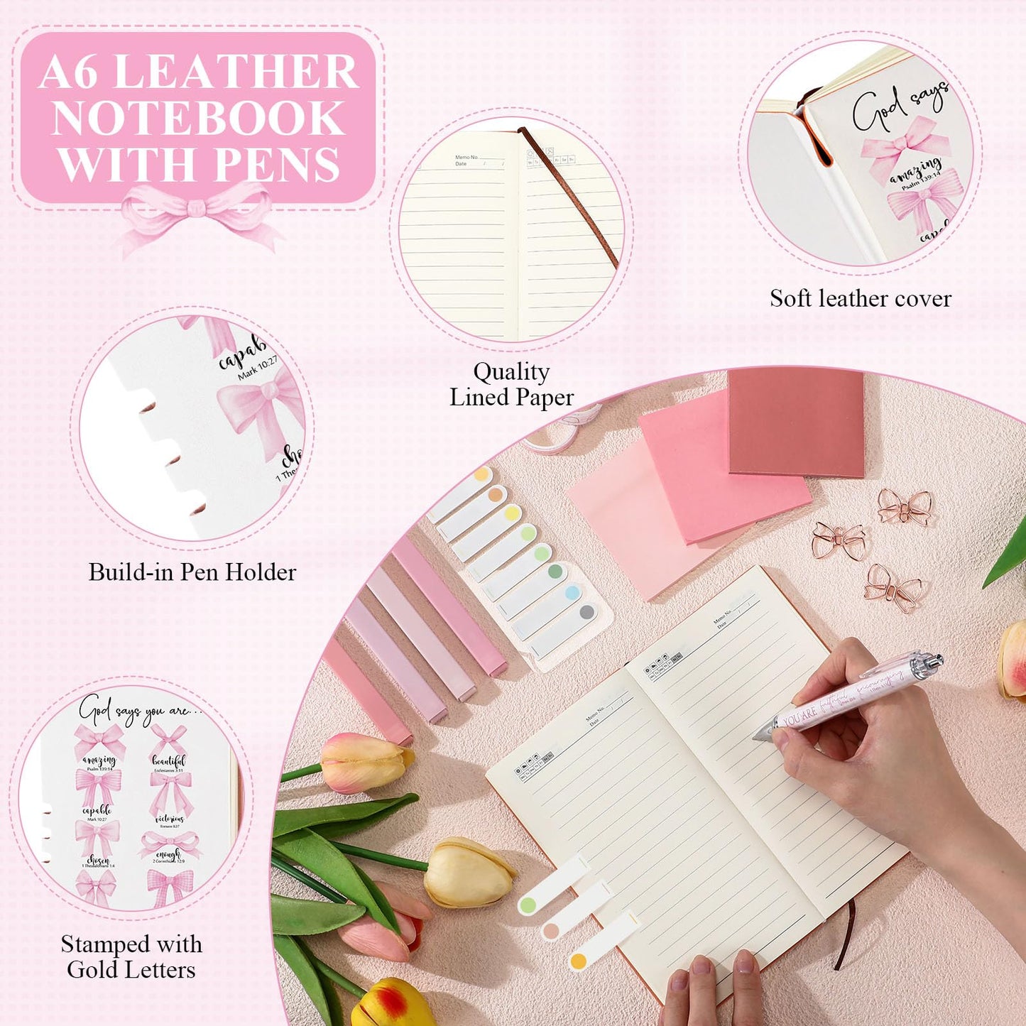Singhoow 29 Pcs Bible Journaling Supplies Kit 16 oz Glass Cup Pink Bag Pink Bows Leather Notebook Highlighters Pens Sticky Note Tapes Bible Study Supplies for Women Sunday School Teacher