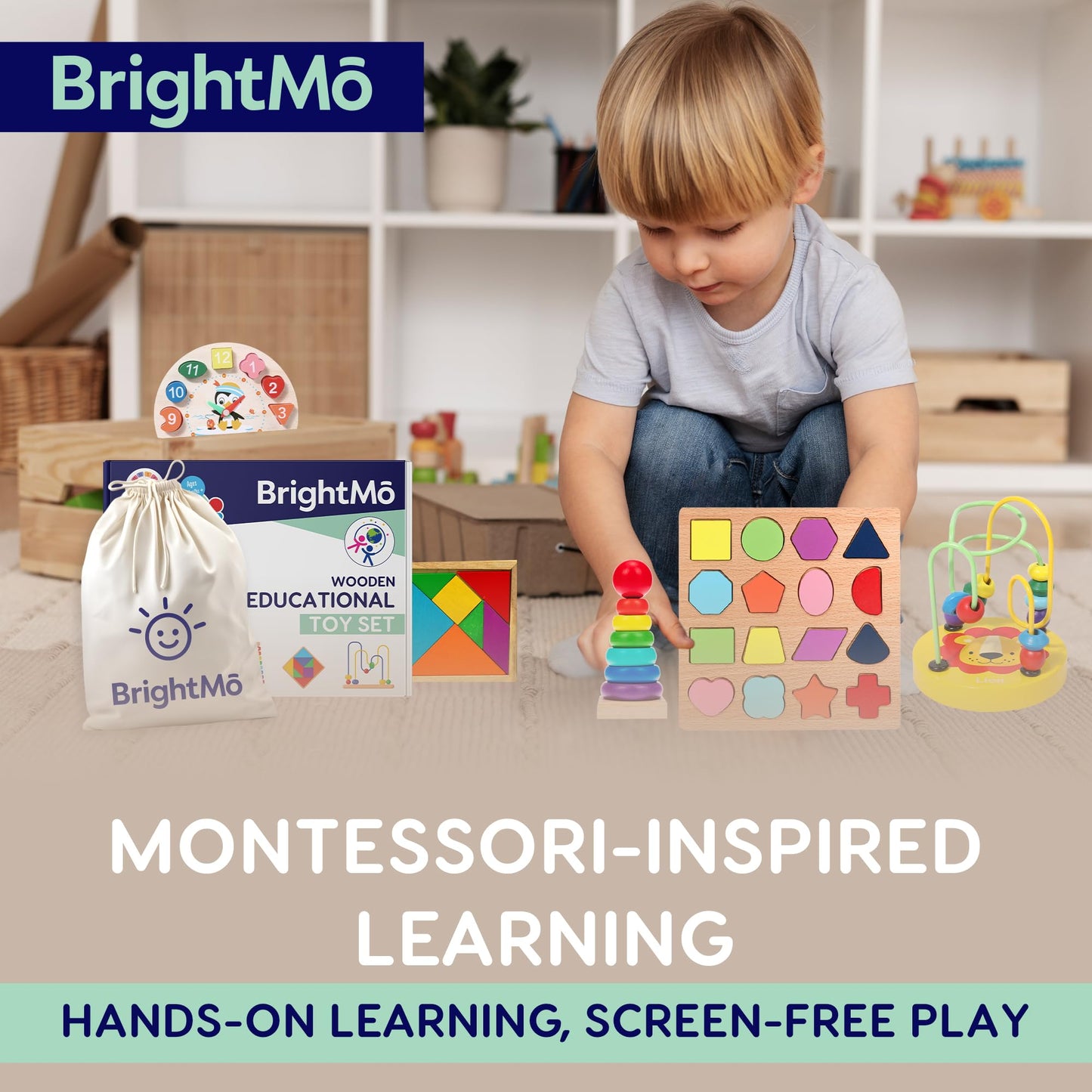 BrightMō 8-in-1 Montessori Wooden Activity Toy for 3 Year Old Boys & Girls – Alphabet, Numbers, Shape Sorting & Xylophone – Preschool Educational Learning Set