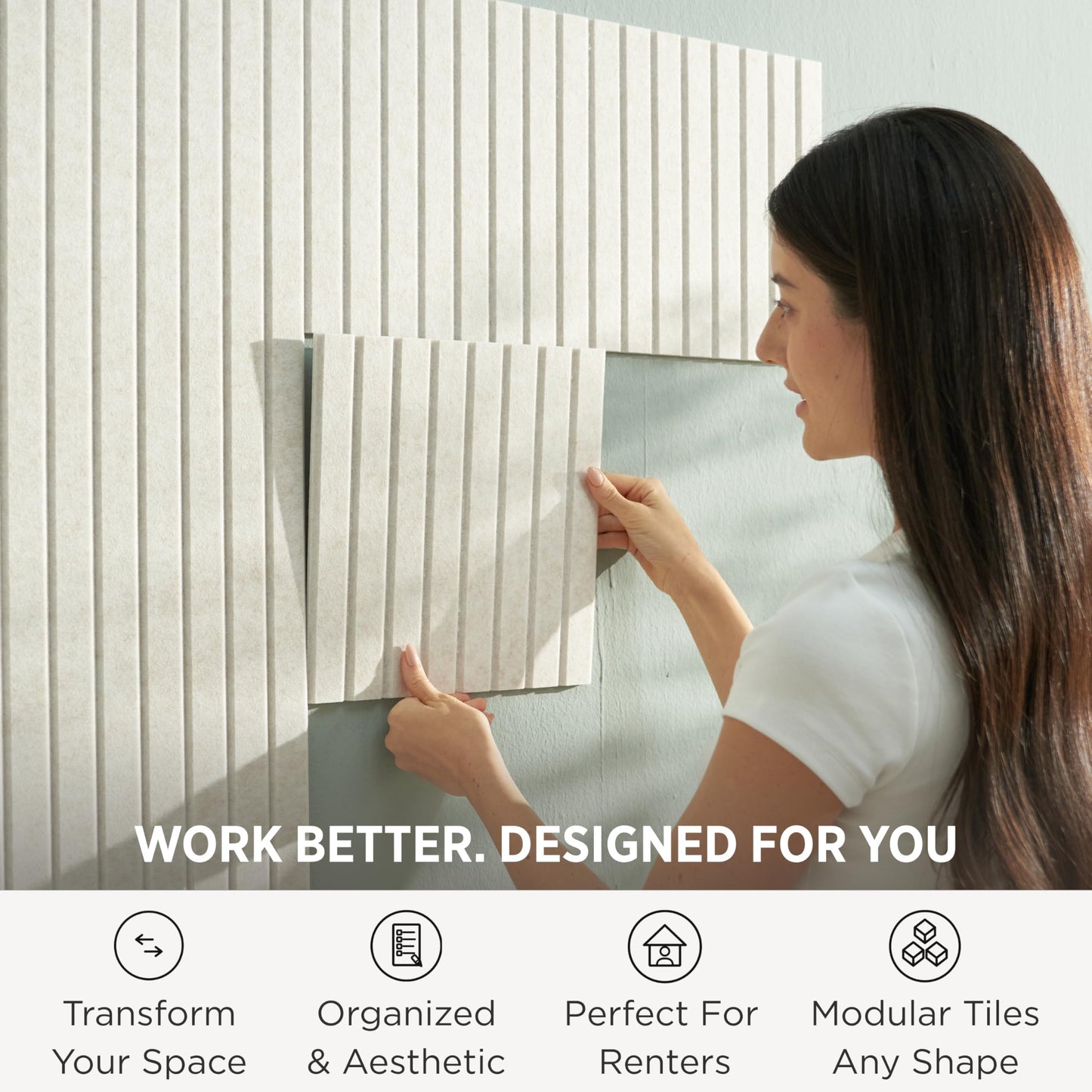 VIVELDA Felt Bulletin Board Tiles 48"x36" - 12-Pack Cork Board Alternative, OEKO-TEX Certified, NRC 0.95 Acoustic Wall Panels, Damage-Free Adhesive, Slatted Design, Home Office & Classroom (Limestone)