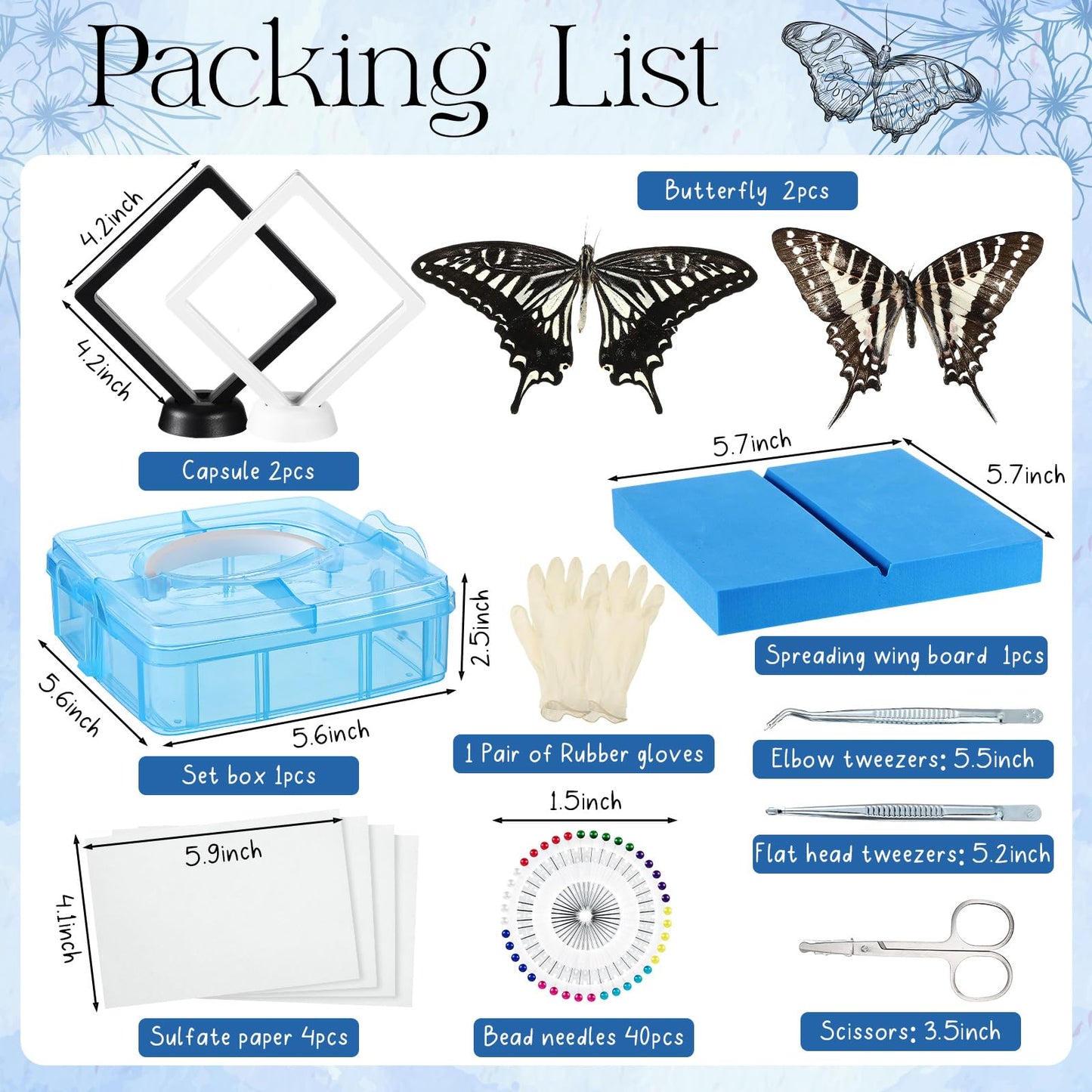 DoubleFill Insect Specimen Tools Kit Butterfly Specimen for Classroom Teaching Insect Pins Wings Pressing Paper Tweezers Scissors Gloves Insect Display Case Insect Collection for Bug Biology Projects