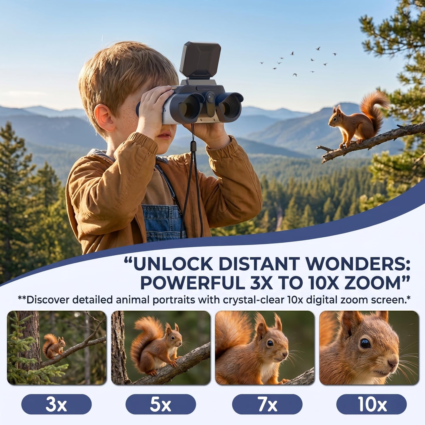 OAEBLLE Kids Binoculars with Night Vision Camera, 10X Zoom Digital Adventures Telescope with 2.4" IPS Screen, Nature Explorer STEM Toys for Bird Watching Camping, Gifts for Boys Girls Age 4-12 - White