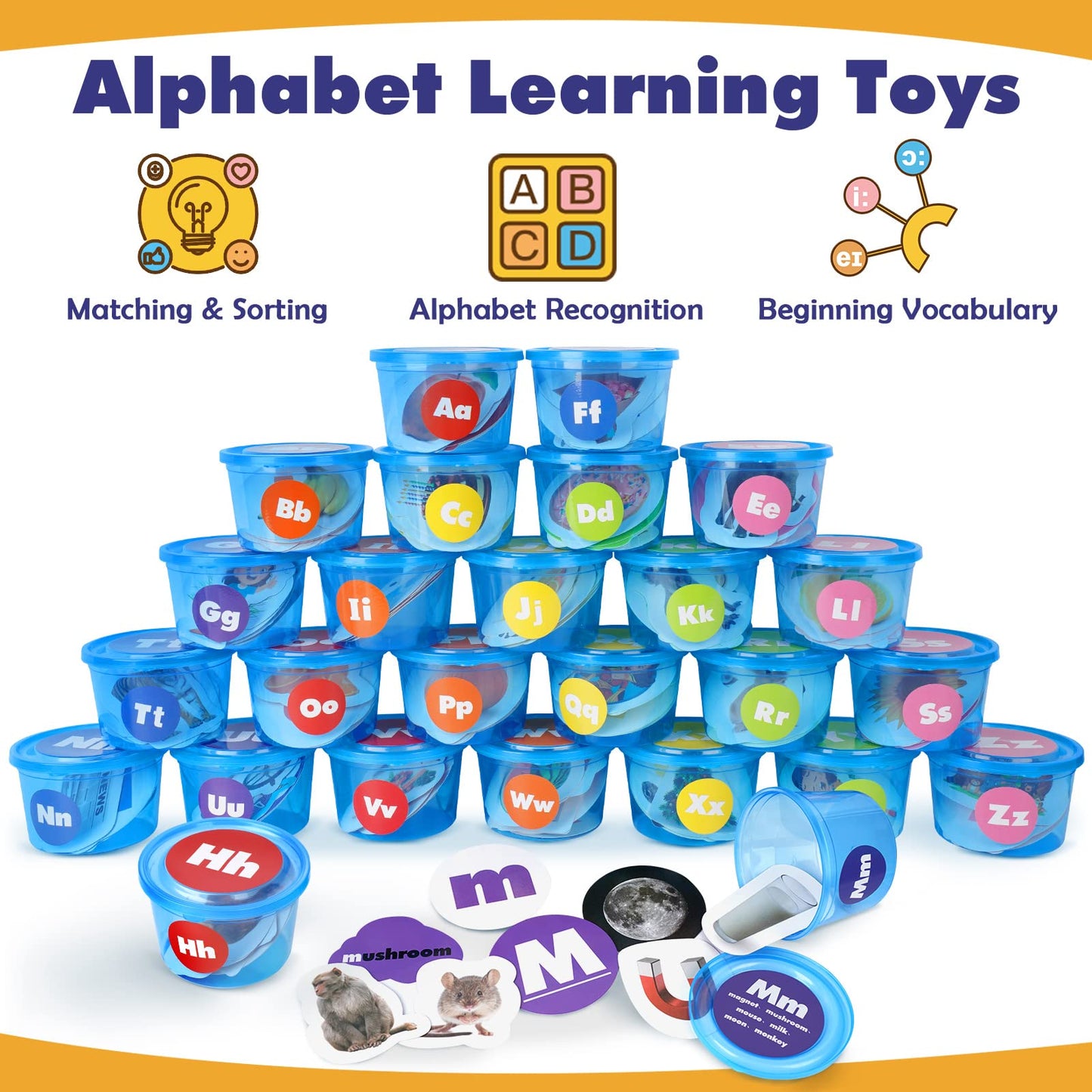 Joyreal 271 PCS Alphabet Learning Toys for Toddlers 3-5, 26 Alphabet Soup Sorters with 245 Flash Cards, Montessori Preschool Classroom Must Haves, Early Letter Sounds Recognition Activities