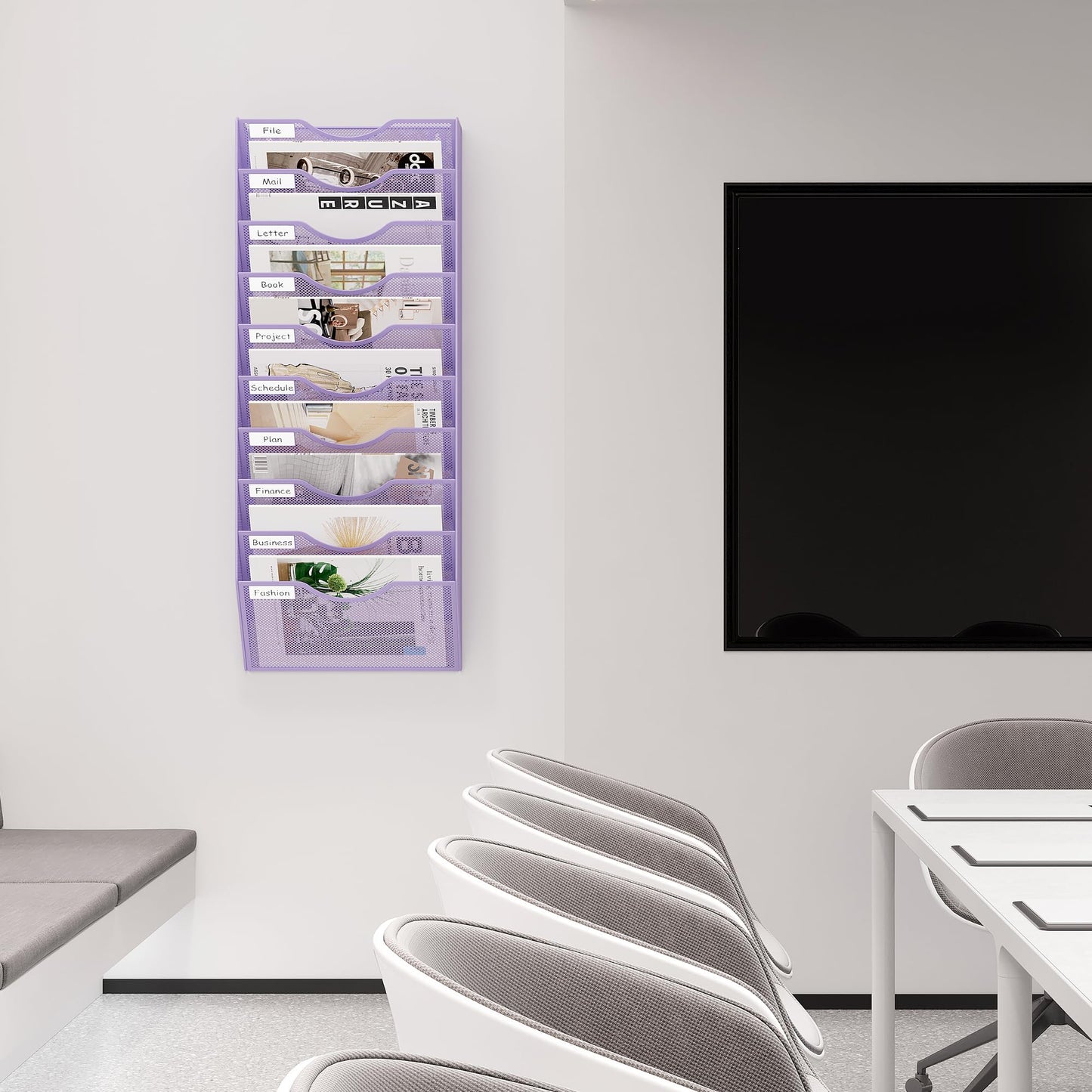 EasyPAG 10 Pocket Mesh Wall File Organizer, Hanging Paper Folder Holder with Classify Label, Vertical Wall Mount Mail Organizer for Office Home Classroom, Purple