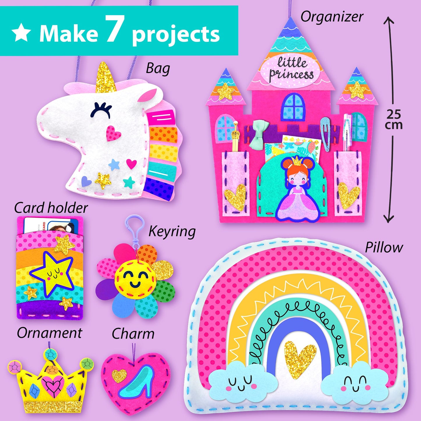 KRAFUN My First Sewing Kit for Kids Ages 5-8 - Princess & Unicorn Crafts for Girls - Make 7 DIY Felt Plush Toys with Pre-Punched Holes & Safe Plastic Needles - Educational Beginner Craft Set