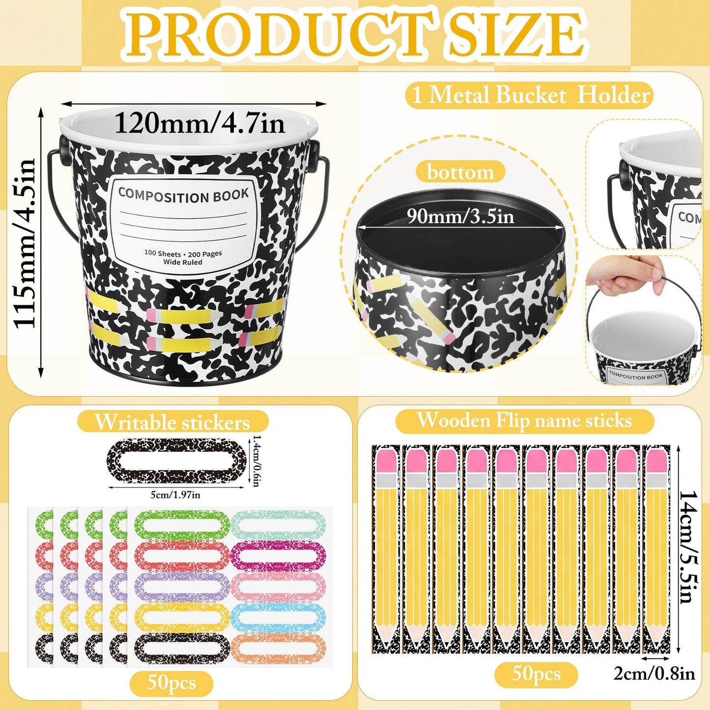 ReliThick 101 Pcs Compositoin Notebook Flip Name Sticks with Metal Buckets Back to School Talking Sticks with Metal Holder Set for Classroom Management Tool Teacher Essentials Educational Activities