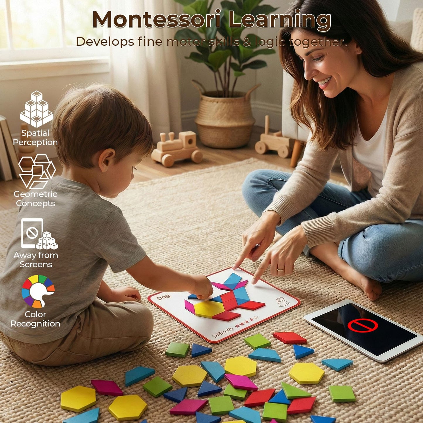 3 otters Wooden Pattern Blocks Shapes for Kids, Geometric Tangram Puzzle with Activity Cards, 150 PCS Educational Toy