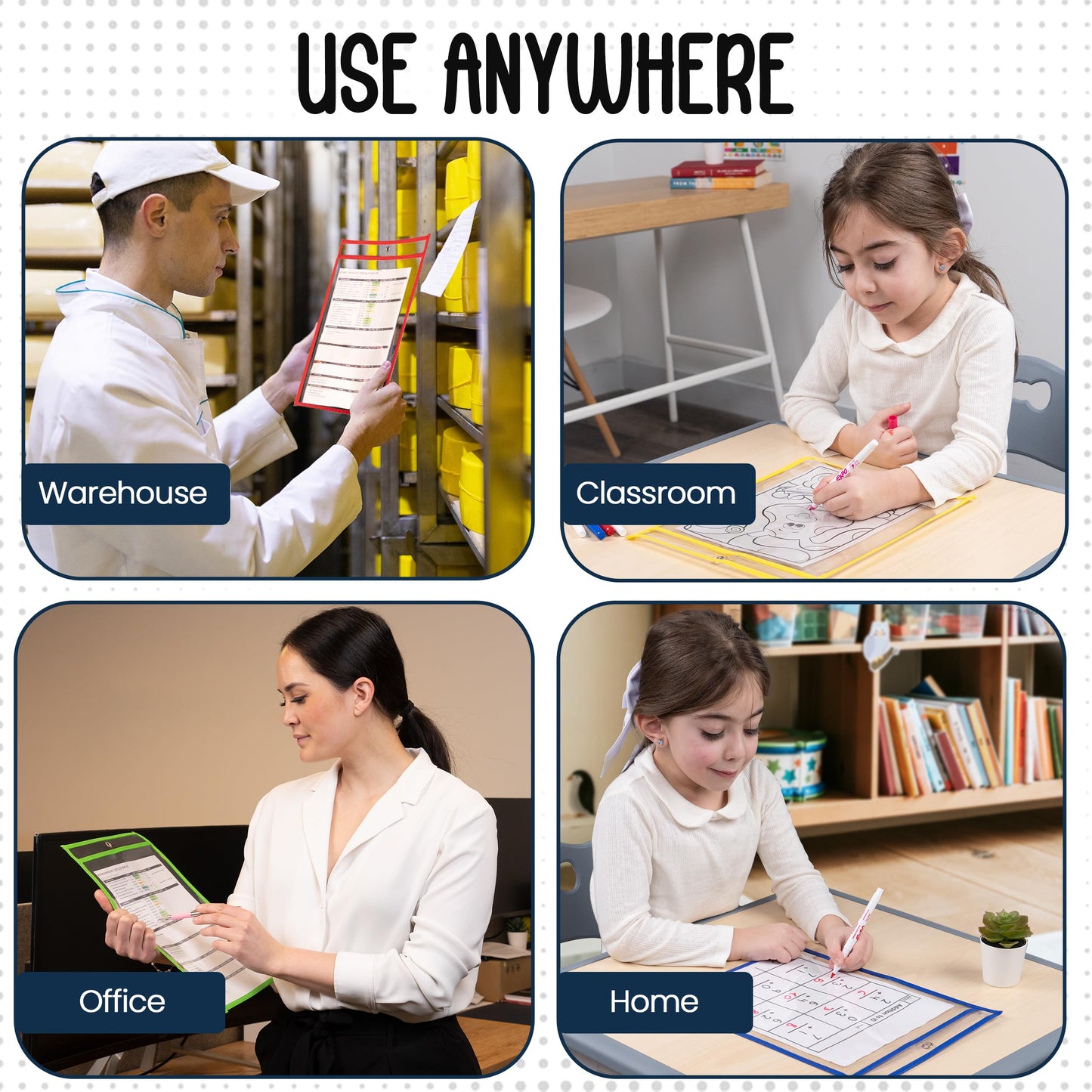 Essex Wares - 30 Pack, Assorted, Dry Erase Pocket Document Protectors,10" Wide x 13.5" Tall - Dry Erase Clear Plastic Sleeves - Reusable & Easy Erase Plastic Invoice Holders, Water-Resistant & Durable