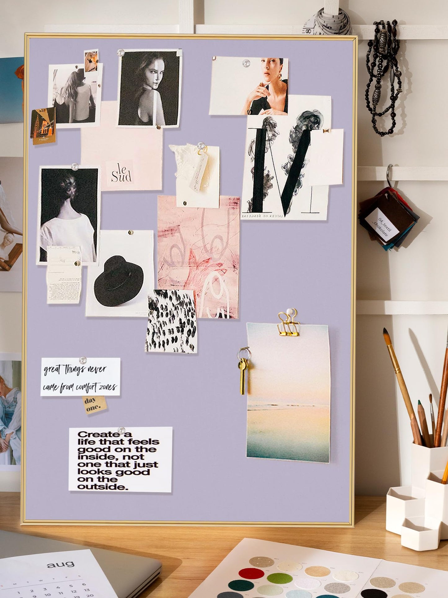 Lightomorrow Bulletin Board 40 x 30 inches, Light Lavender Pin Board, Golden Aluminum Framed Fabric Cork Board with 10 Push Pins