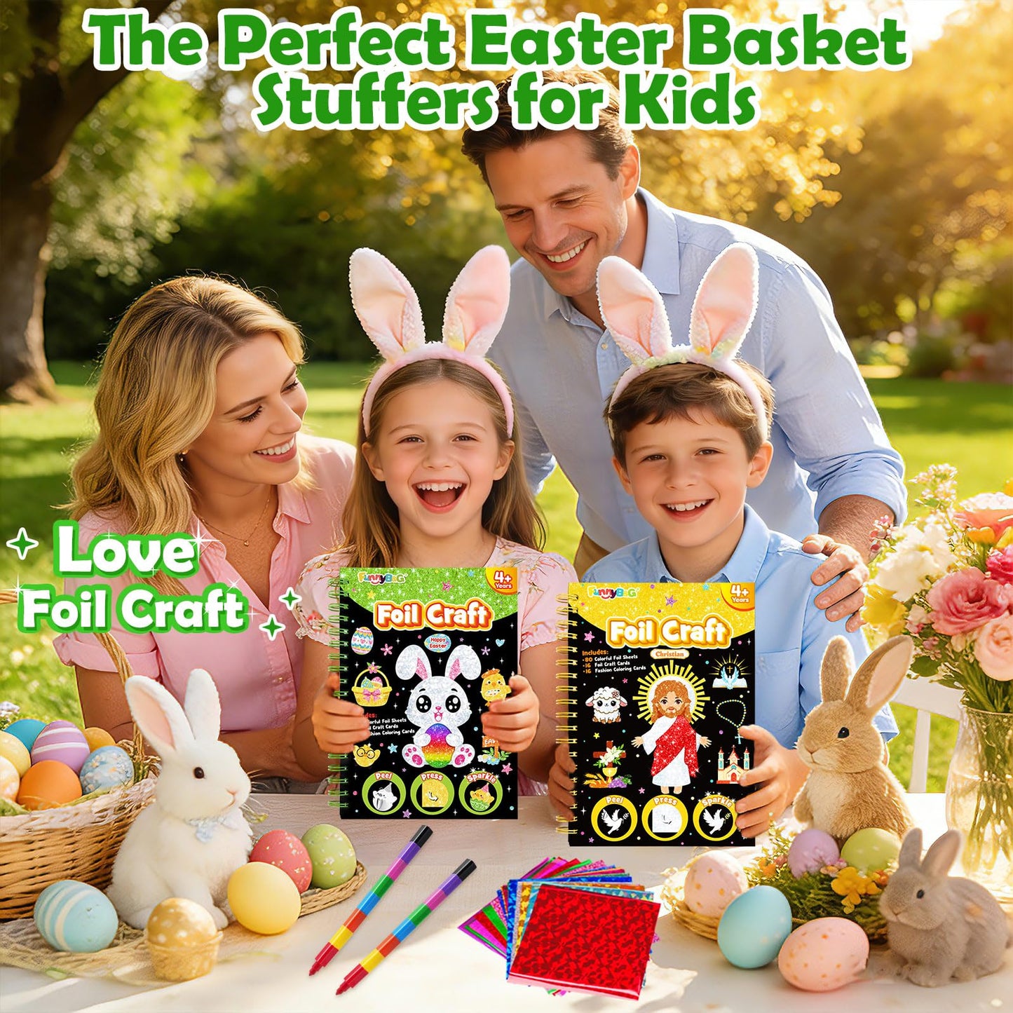FUNNYB&G Foil Art Craft Kit for Kids 4-10 Years Old: Mess-Free & No-Glue, Create 16 Sparkly Christian Pictures – Perfect Travel Toy & Birthday Gift for Kids (Christian)
