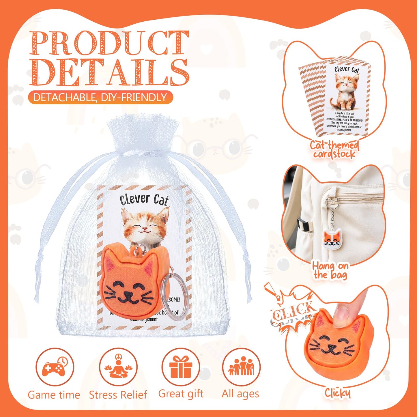 Junkin 25 Set Cat 3D Printed Clicker Fidget with Cards Funny Stress Relief Key Rings Gift Luggage Backpack Charm Gifts for Cat Lover Baby Shower Cats Themed Party Decorations