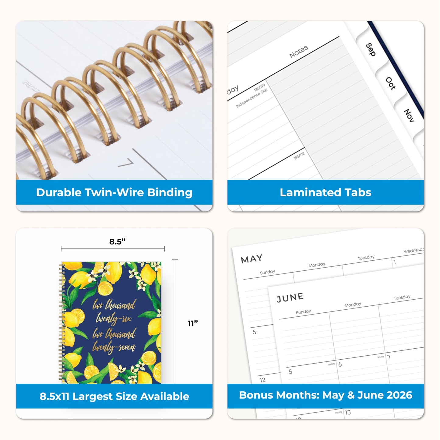 Blue Sky 2026-2027 Weekly and Monthly Academic Year Teacher Lesson Planner Calendar, July 2026 - June 2027, 8.5" x 11", Flexible Cover, Wirebound, Laminated Tabs, Storage Pocket, Fresh Lemons