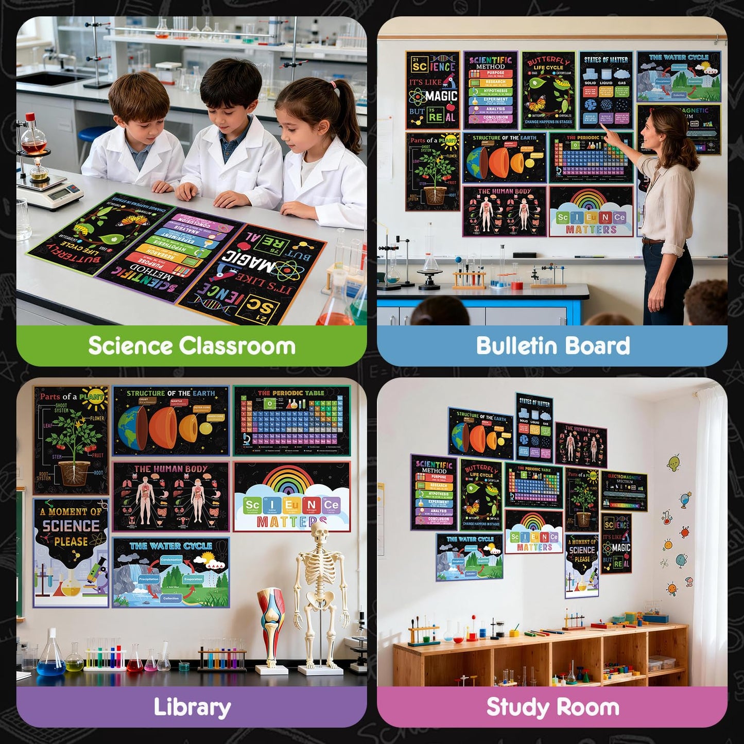 SEOIFUNG 12 PCS Science Classroom Posters Set (11x17, Laminated) - Inspirational Science Biology Learning Charts for School Hallways Bulletin Board Wall Decor, Scientific Method, Periodic Table