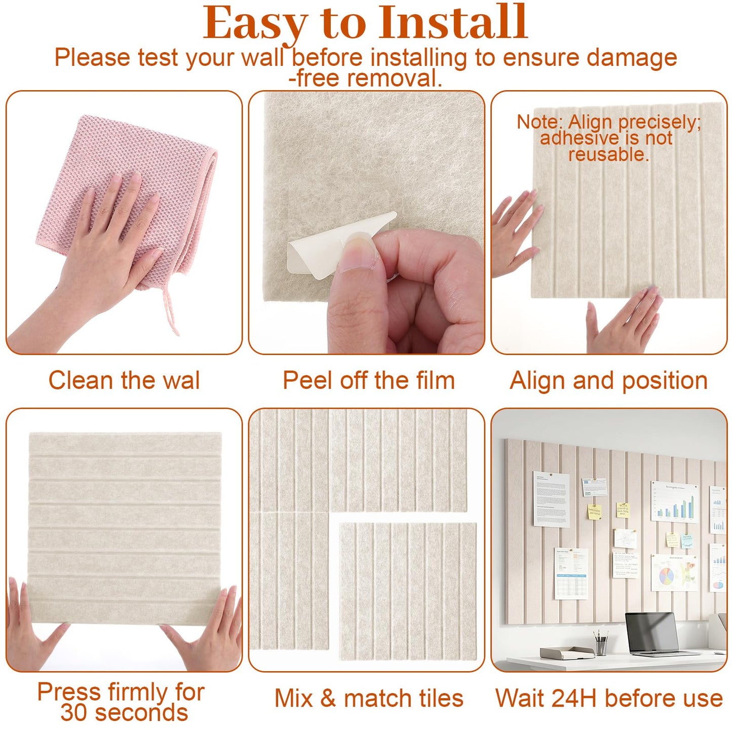 Kuyeyzu 12 Pack Felt Slatted Bulletin Board 11.8x11.8 Inches Alternative to Cork Boards for Walls with 60 Adhesive Tabs and Pushpins for Office Home Room Decor