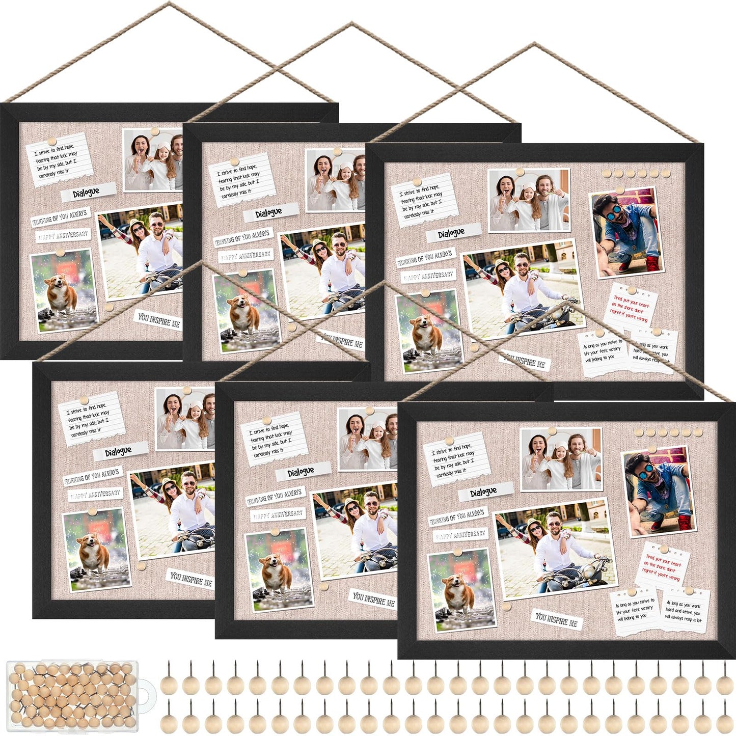 Teling 6 Pack Wood Bulletin Boards with Linen 12''x 16'' Cork Board for Walls with 60 Pushpin Decorative Wood Framed Display for Classroom School Office Bedroom (Black)