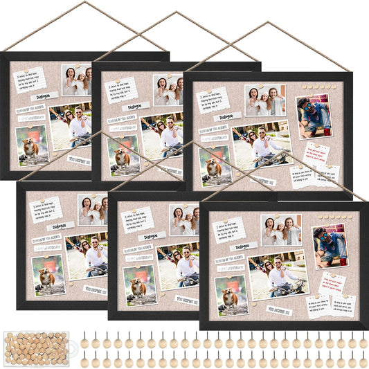 Teling 6 Pack Wood Bulletin Boards with Linen 12''x 16'' Cork Board for Walls with 60 Pushpin Decorative Wood Framed Display for Classroom School Office Bedroom (Black)