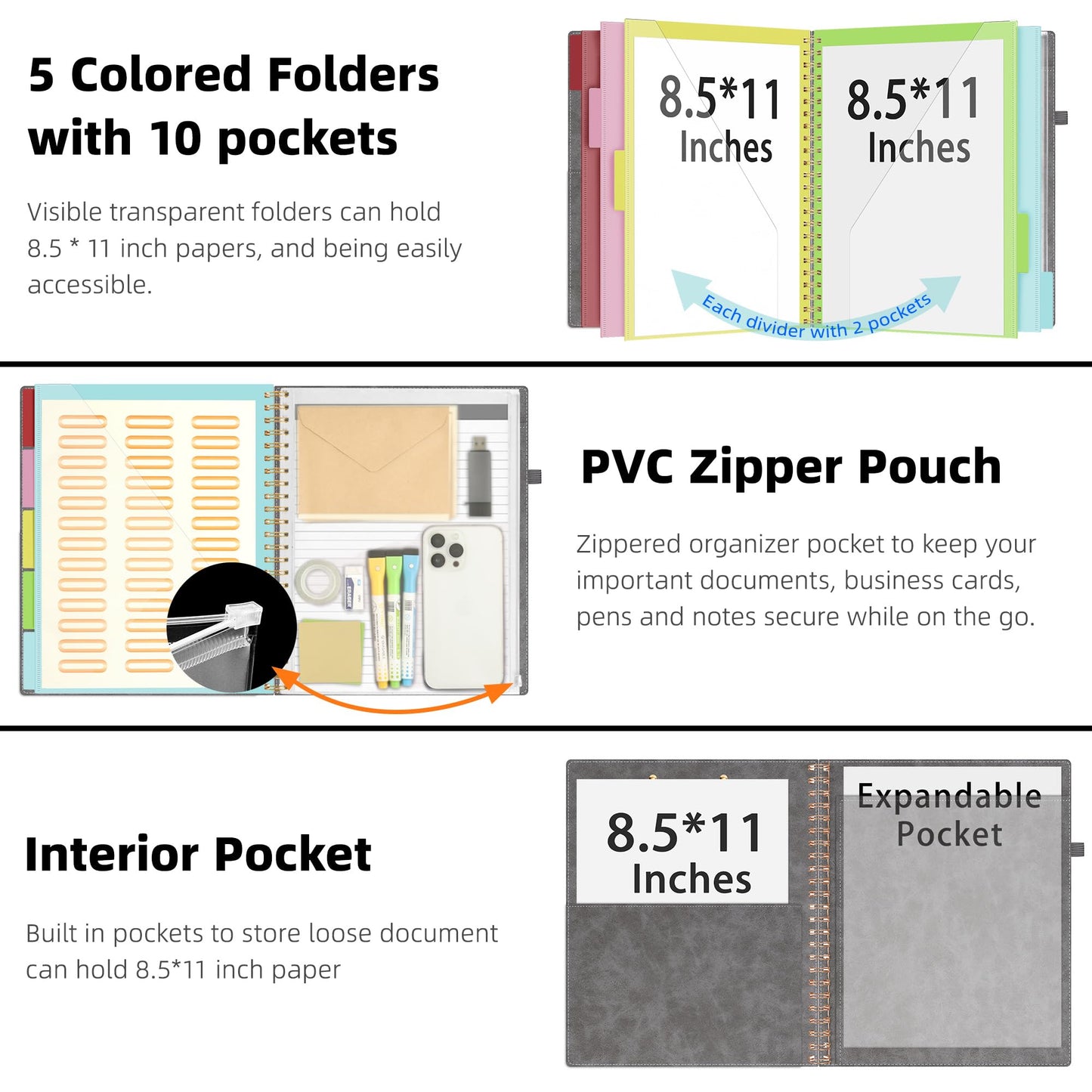 Ospelelf Grey Foldable Clipboard Folio with with Storage Zipper Pouch, Leather Spiral Clipboard Folder with Notepad, 5 Plastic Folders with 10 Pockets, 39 Divider Label Stickers, Pen Loop Series