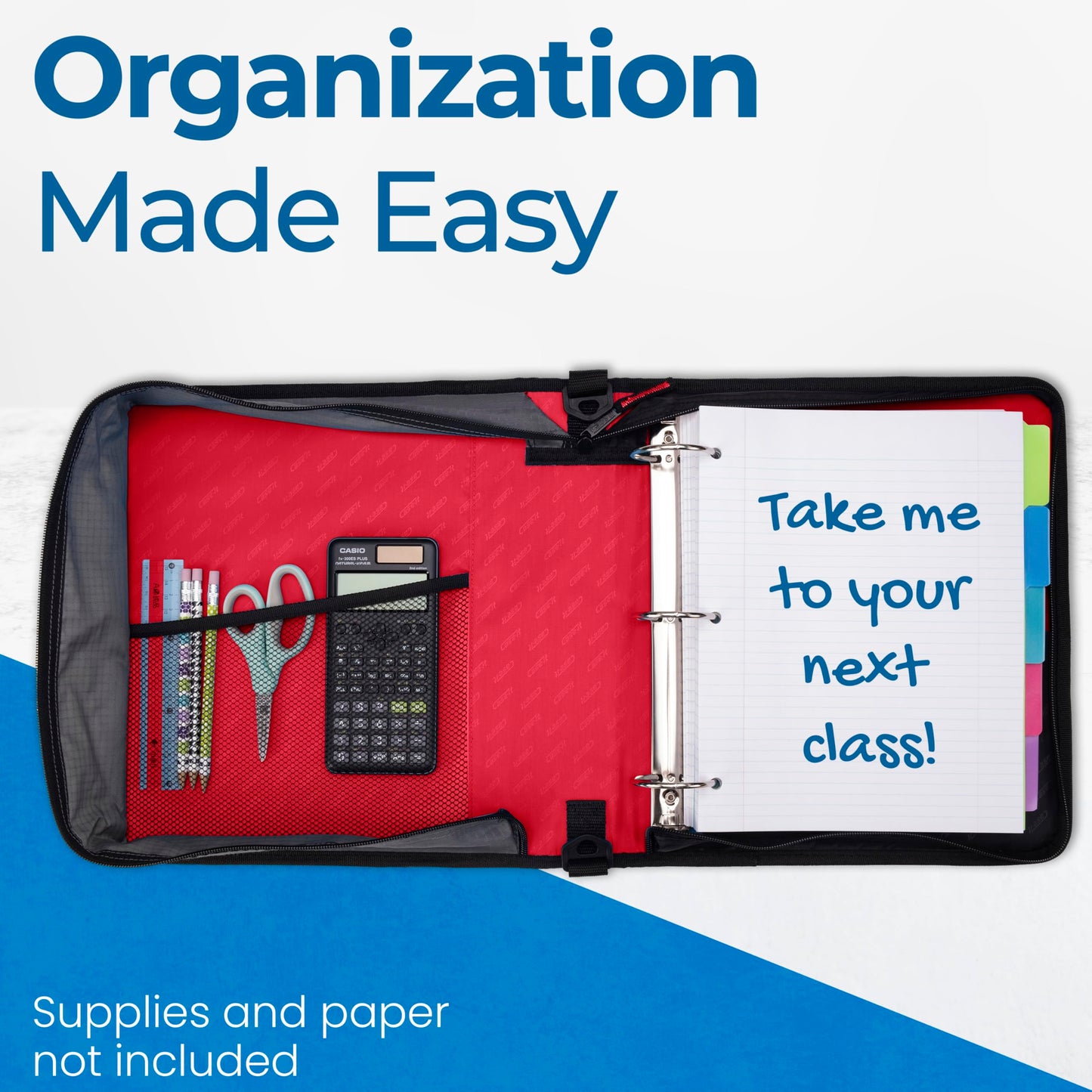 Case-it Classic Zipper Binder | 2-Inch O-Rings, 350 Sheet Capacity, Multiple Storage Pockets & Shoulder Strap | School & Office Organizer | D-251 Fire Engine Red