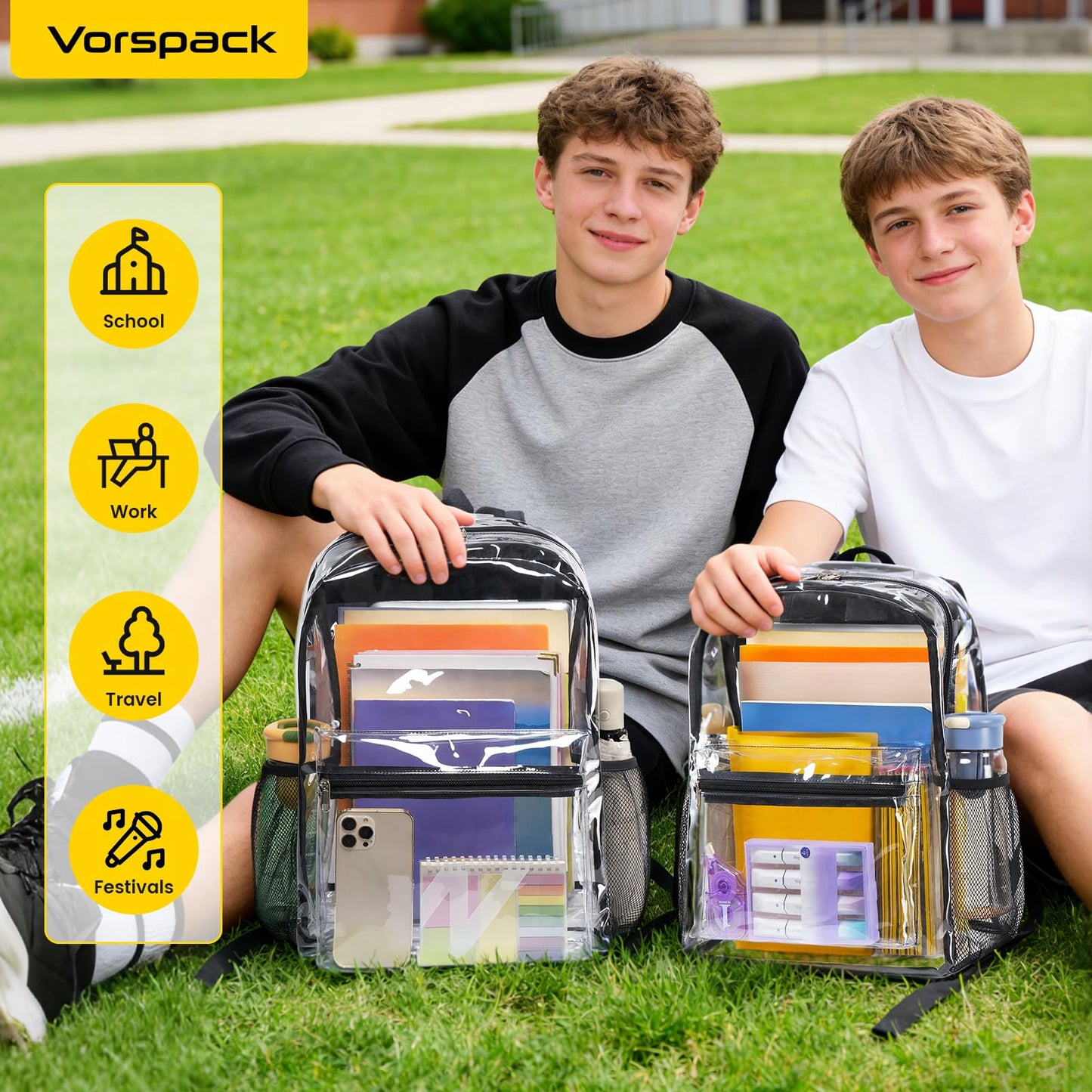 Vorspack Heavy Duty Clear Backpack - Large Clear Backpacks for School See Through Backpack for Boys Girls Transparent Bookbag for College, Work, Concert - Black