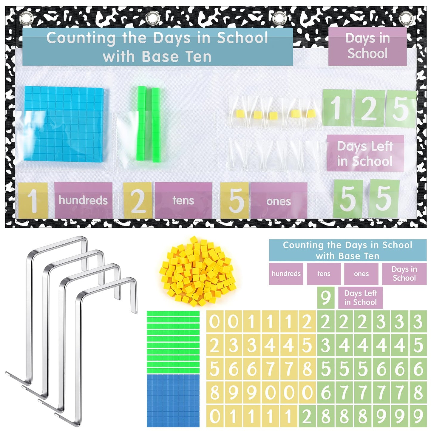 Resurhang Back to School Counting the Days with Base Ten Pocket Chart Place Value, Counting Caddie Pocket Chart for Classroom Bulletin Board School or Home Decor, 4 Hooks(Black,Composition Notebook)