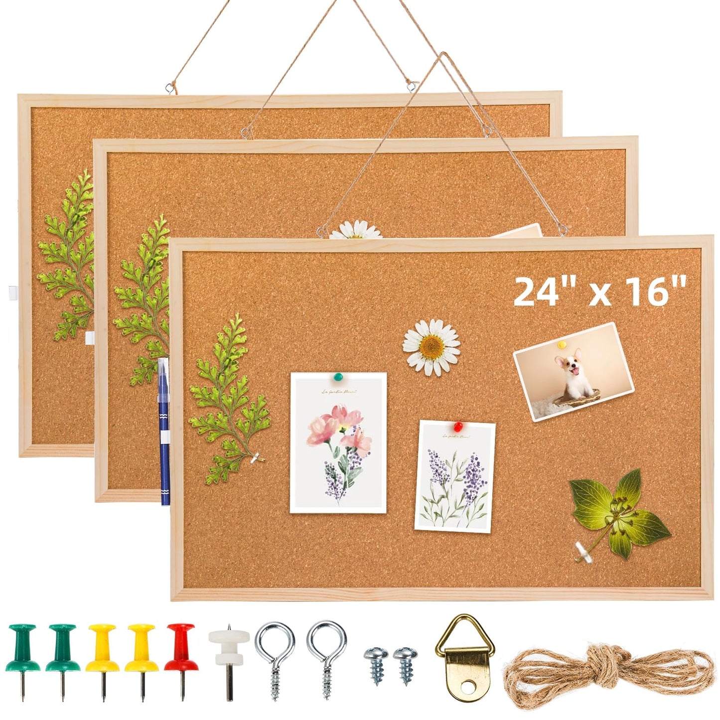 Lyellfe 3 Pack Cork Boards for Walls, 24''L x 16''W Large Bulletins Board with Frame, Push Pins, Thick Notice Board for Office School Home Decor, Two-Side Cork
